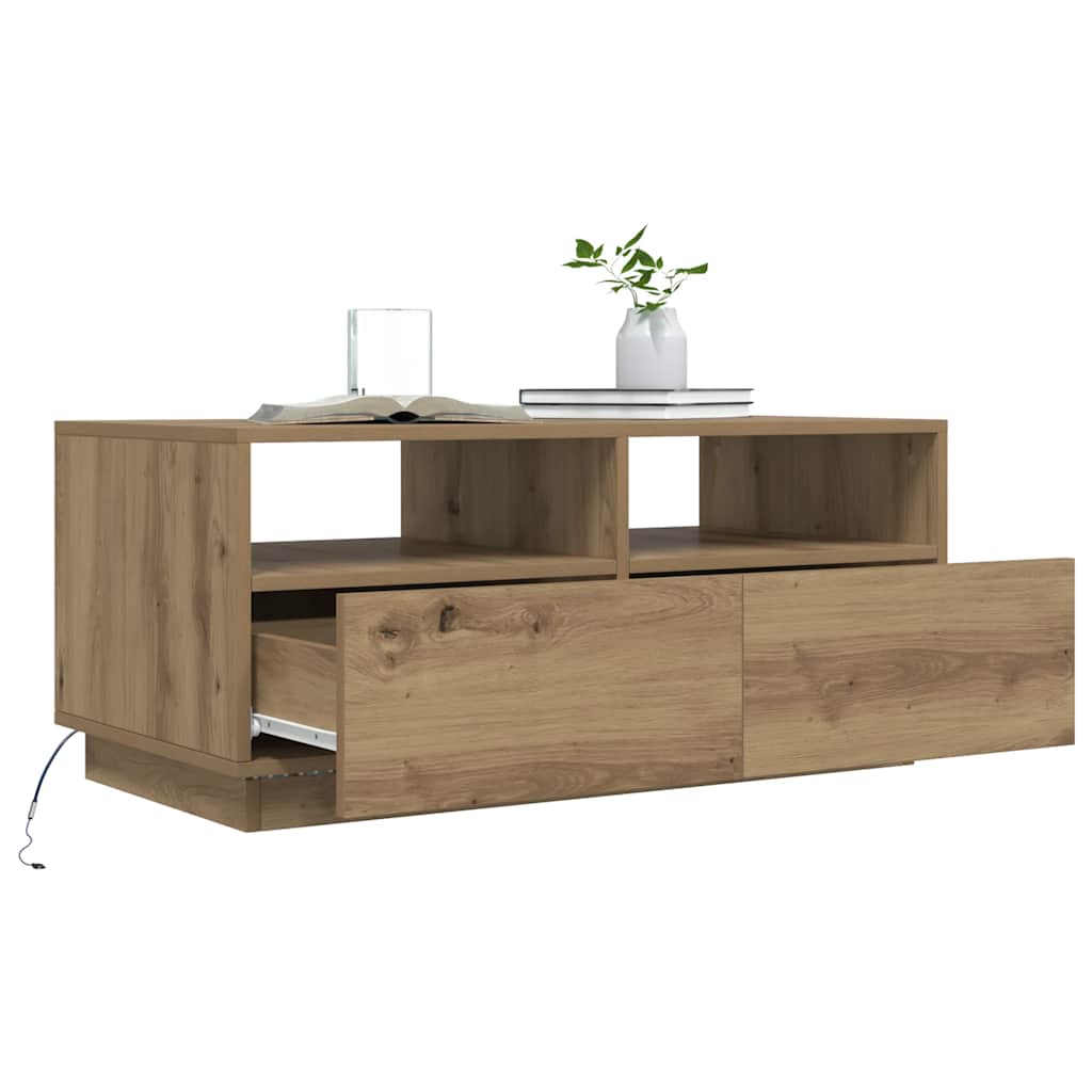 sofabord med LED-lys 90x49x40 cm egetræsfarvet