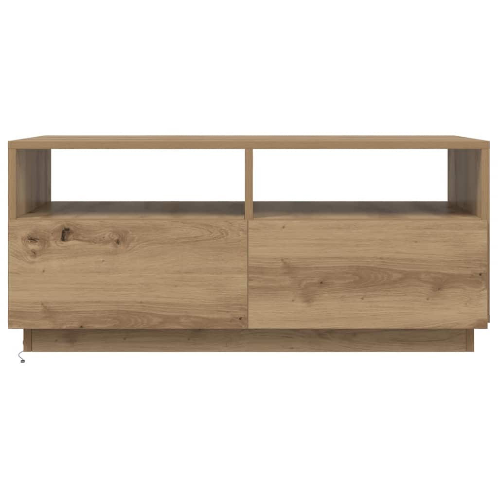 sofabord med LED-lys 90x49x40 cm egetræsfarvet