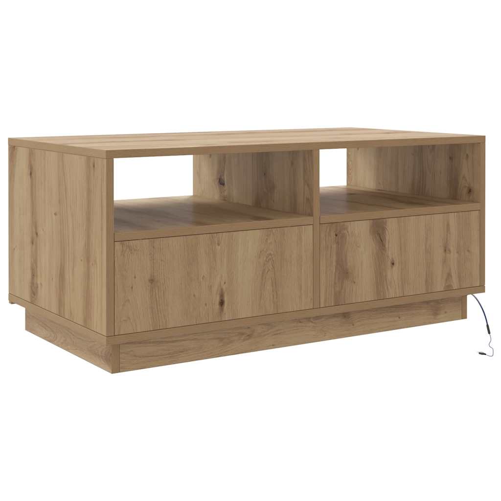 sofabord med LED-lys 90x49x40 cm egetræsfarvet