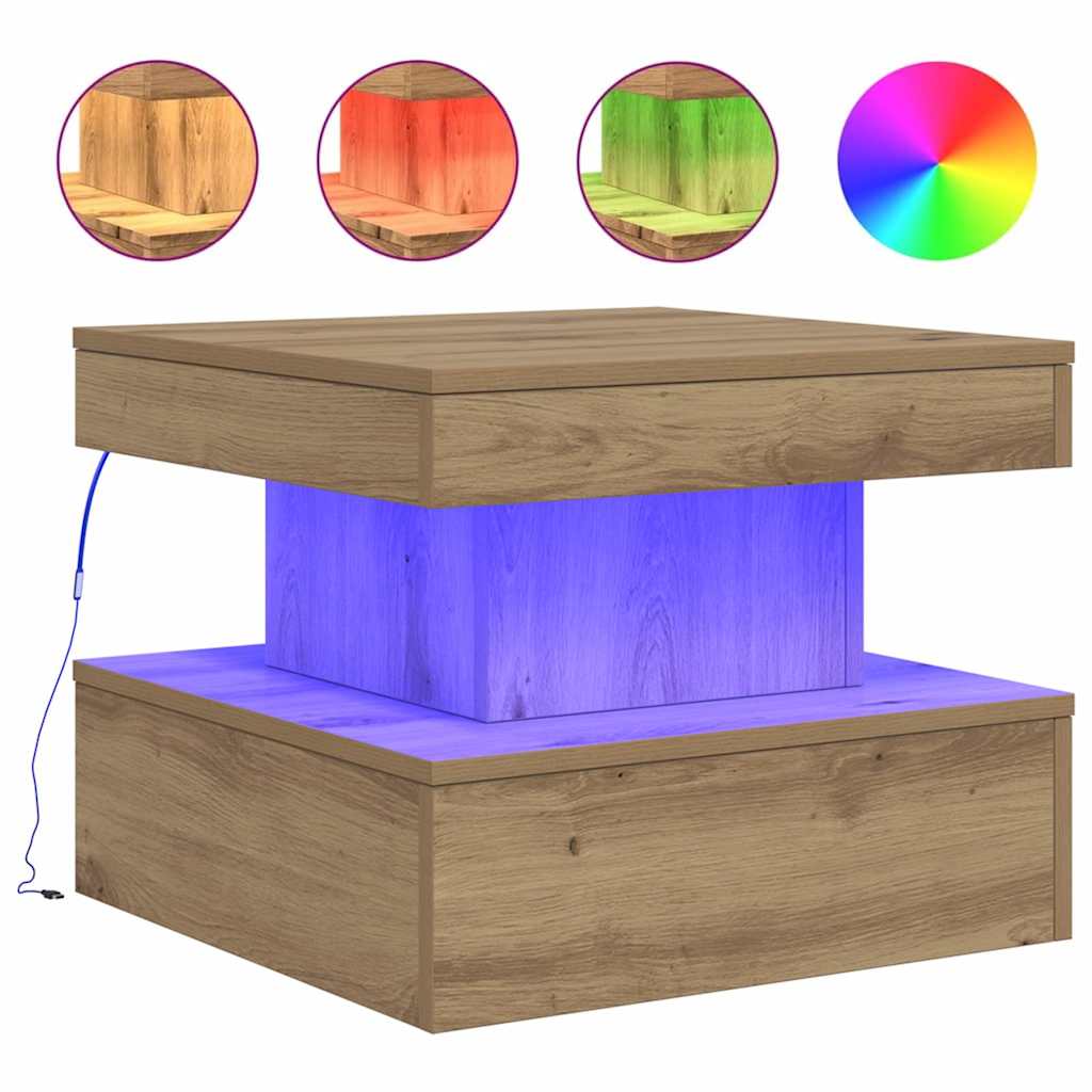 sofabord med LED-lys 50x50x40 cm egetræsfarve