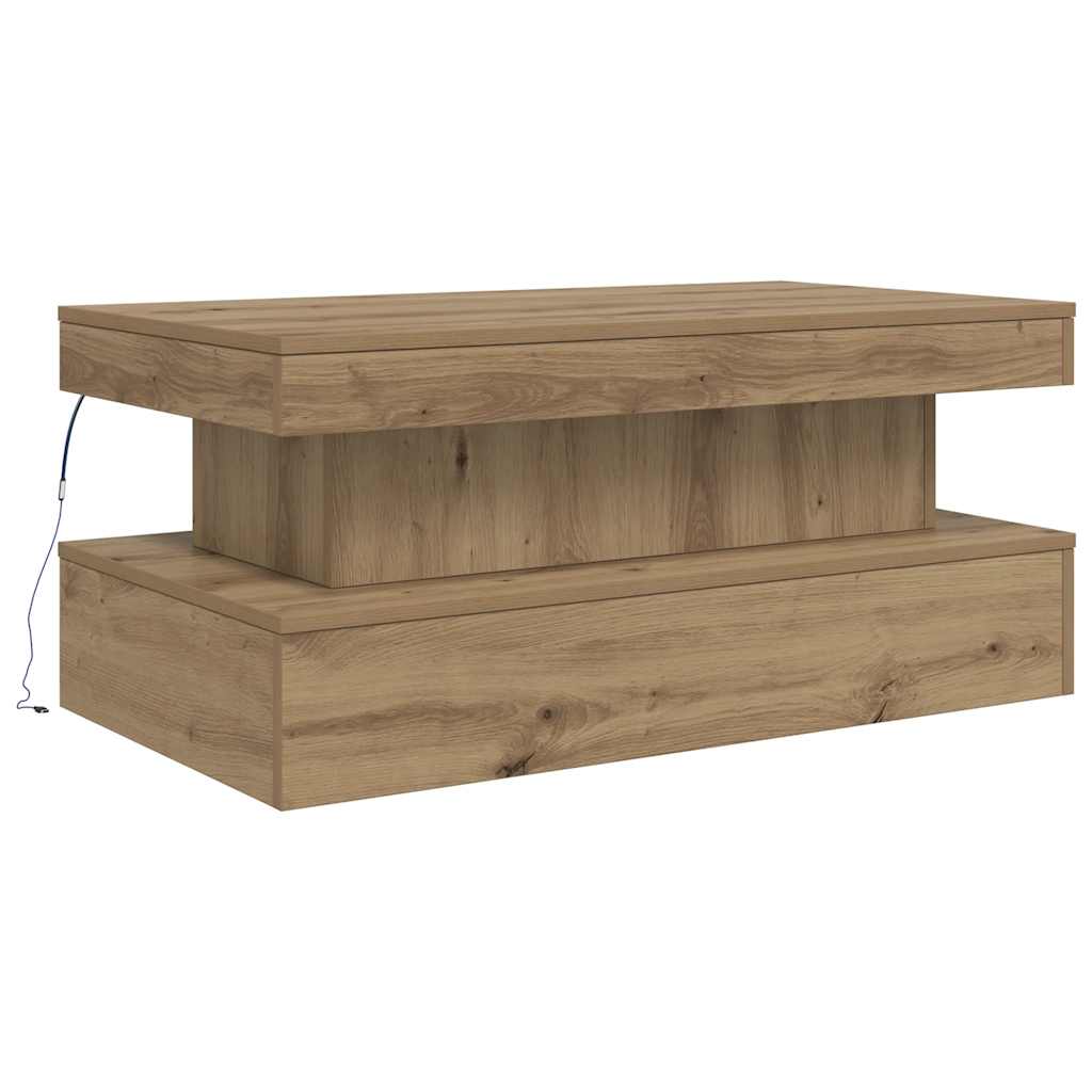 sofabord med LED-lys 50x50x40 cm egetræsfarve