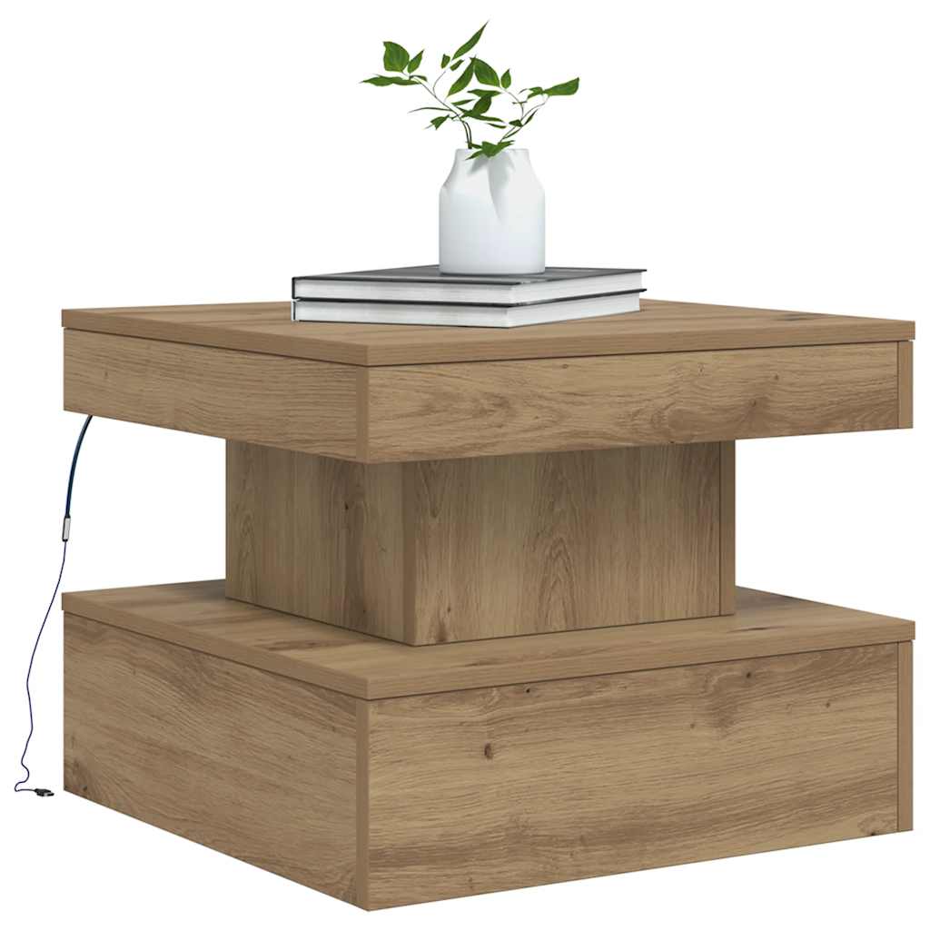 sofabord med LED-lys 50x50x40 cm egetræsfarve