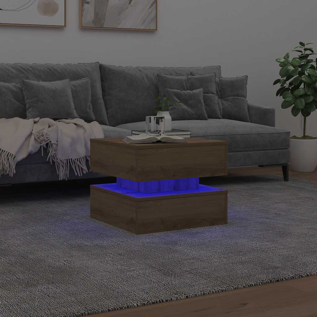 sofabord med LED-lys 50x50x40 cm egetræsfarve
