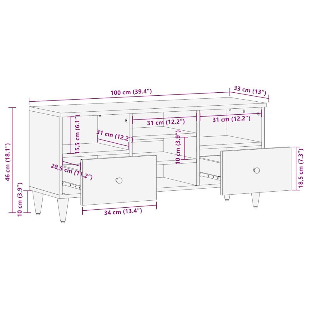tv-bord 100x33x46 cm massivt mangotræ sort