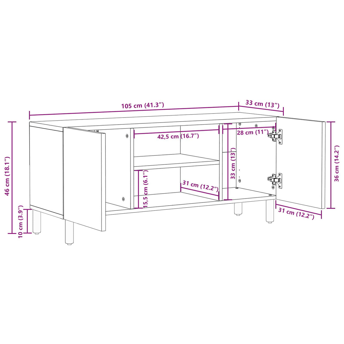 TV-skab Hvid Vask Finish 105 x 33 x 46 cm Massivt mangotræ