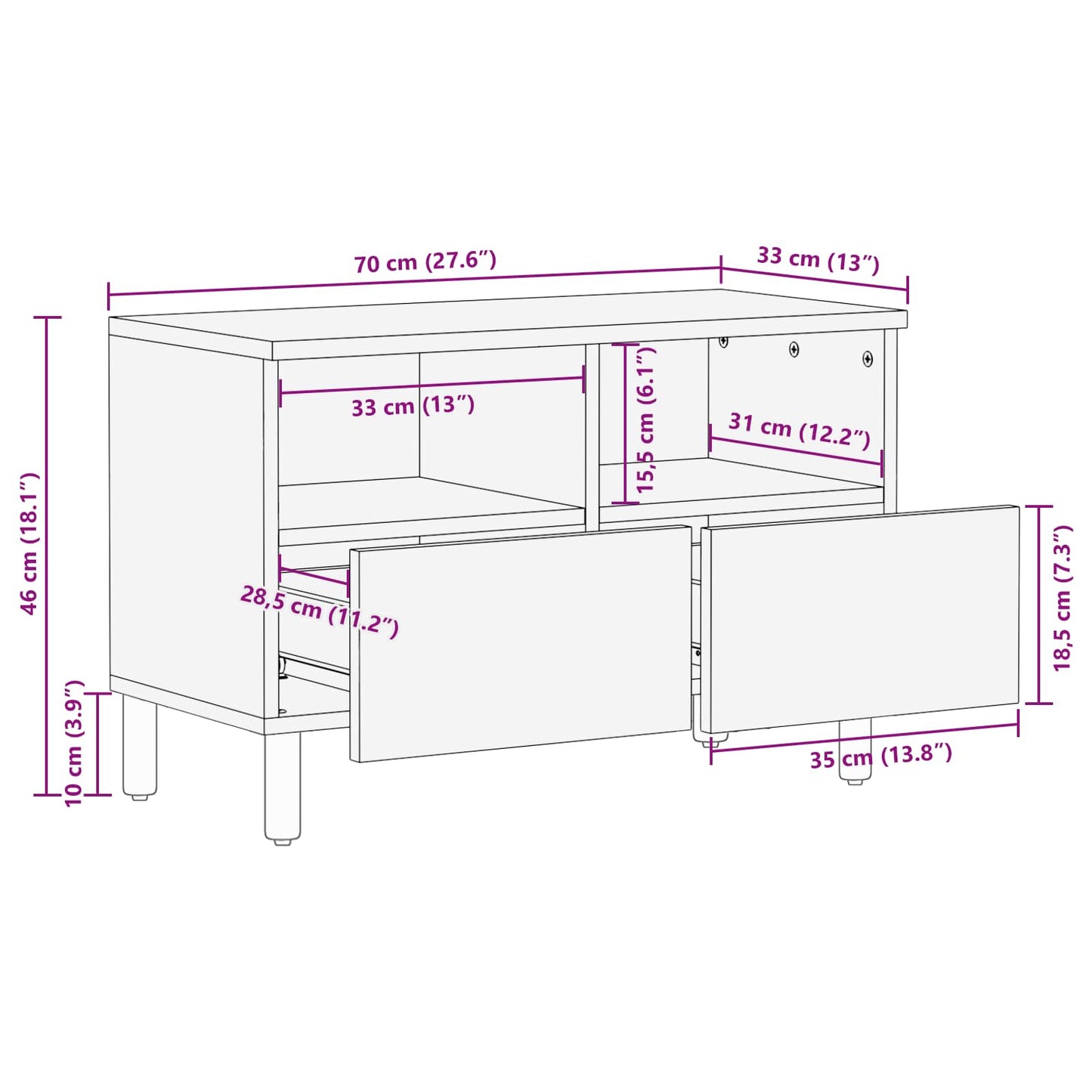 TV-skab Hvid Vask Finish 70 x 33 x 46 cm Massivt mangotræ