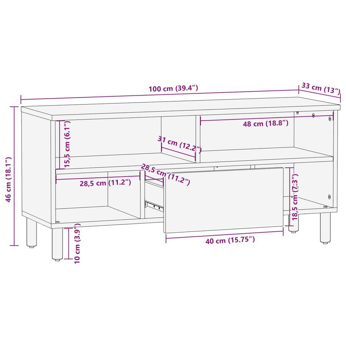 TV-skab Hvid Vask Finish 100 x 33 x 46 cm Massivt mangotræ