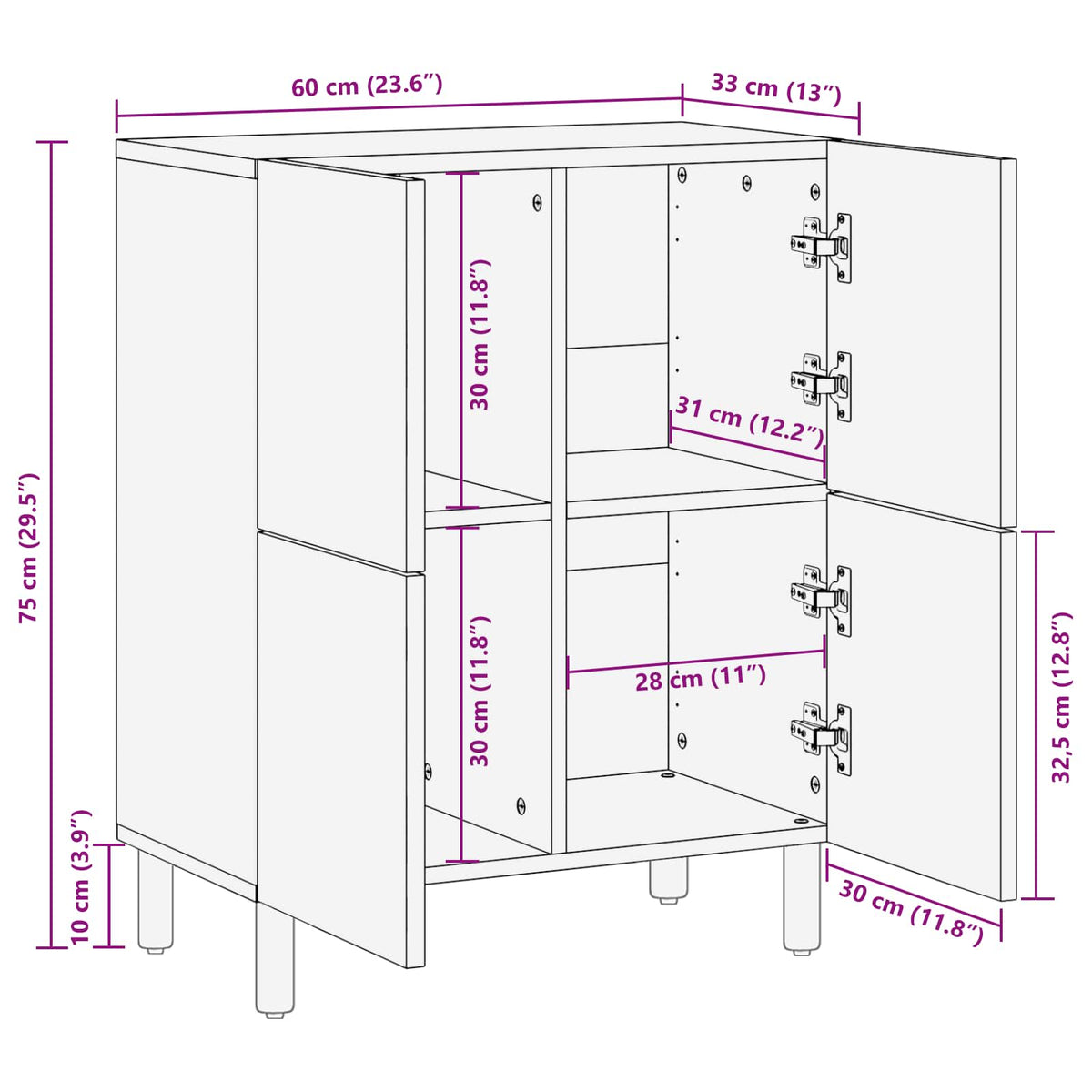 Sideboard Hvid Vask Finish 60 x 33 x 75 cm Massivt mangotræ