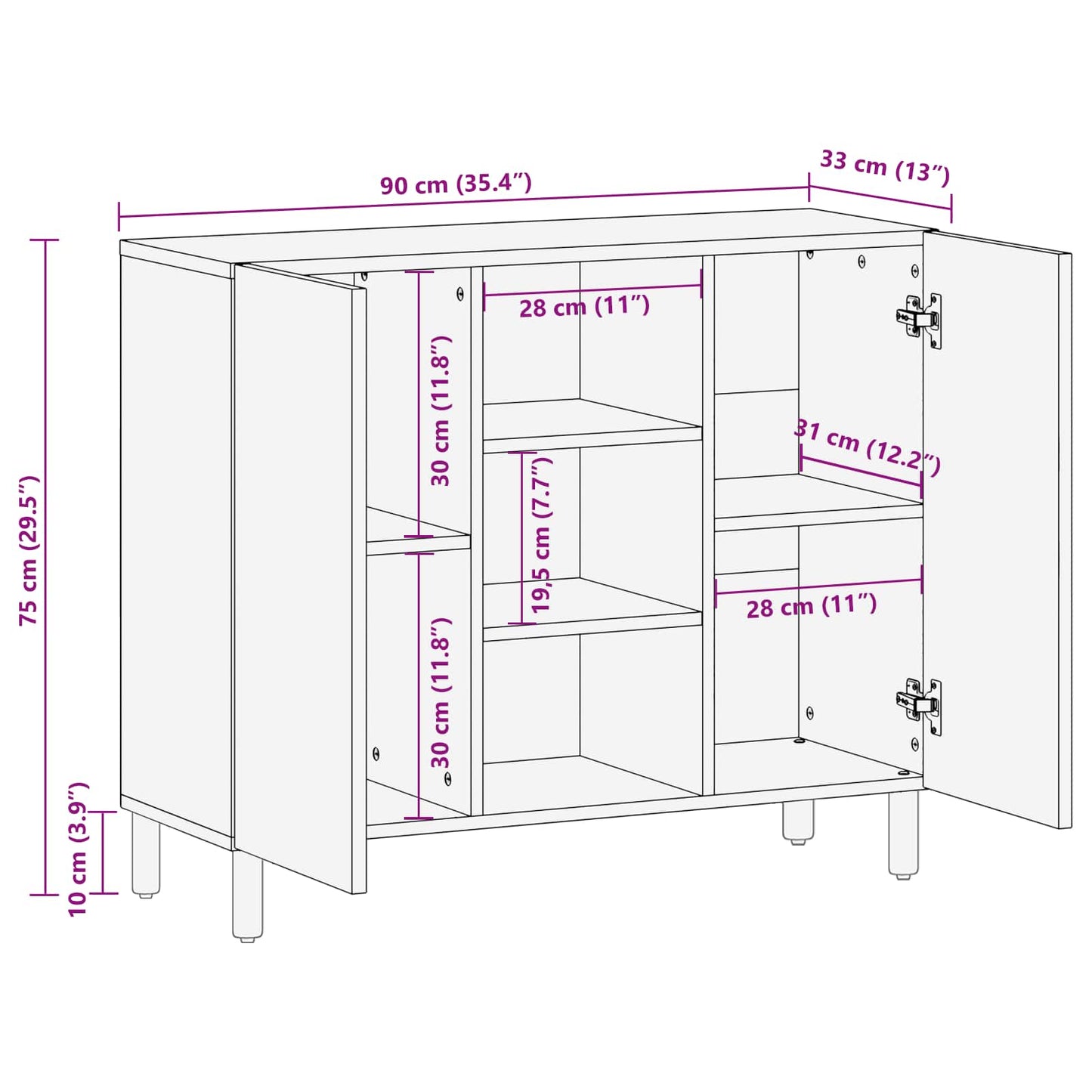 Sideboard Hvid Vask Finish 90 x 33 x 75 cm Massivt mangotræ