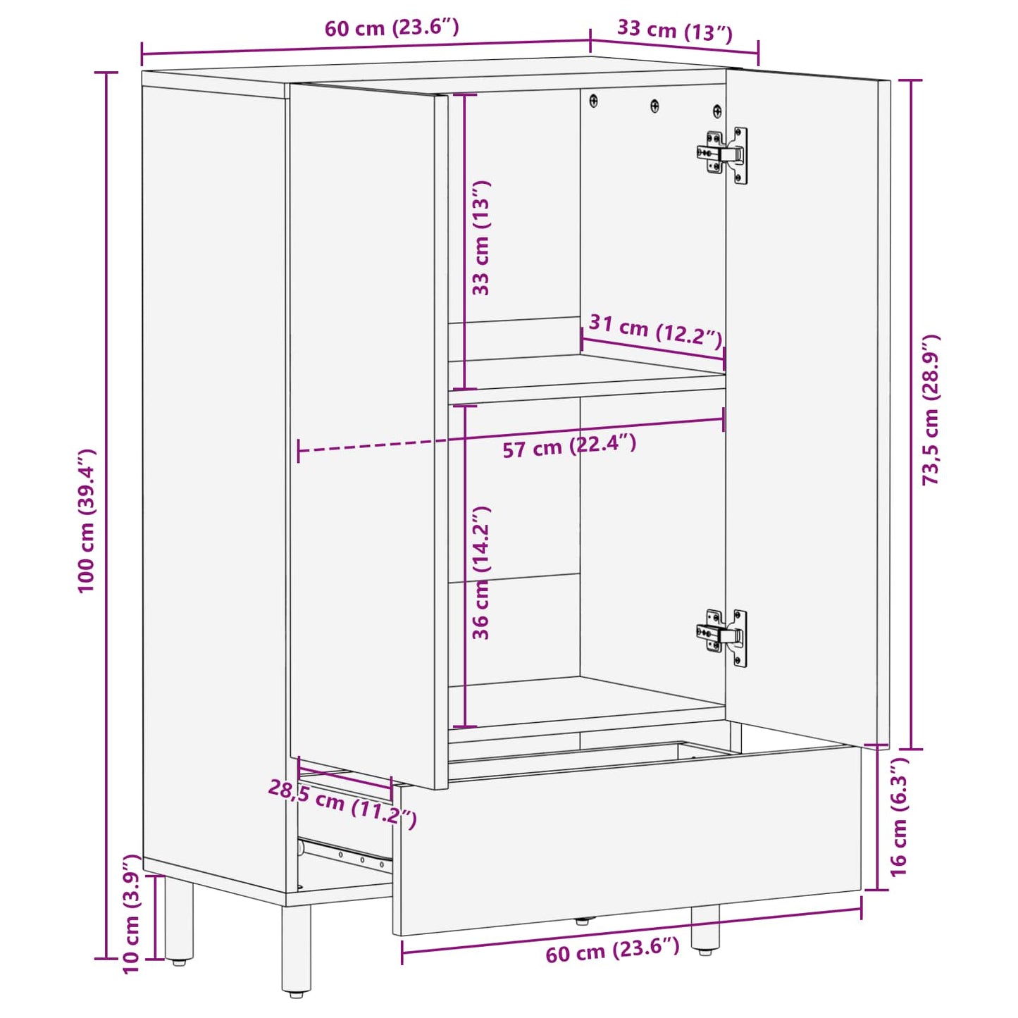 Highboard Hvid Vask Finish 60 x 33 x 100 cm Massivt mangotræ