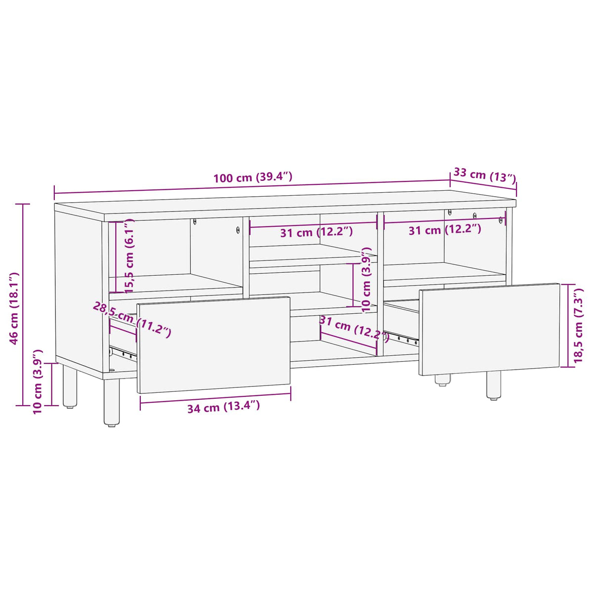 TV-skab Acacia Brun Finish 100 x 33 x 46 cm Massivt mangotræ