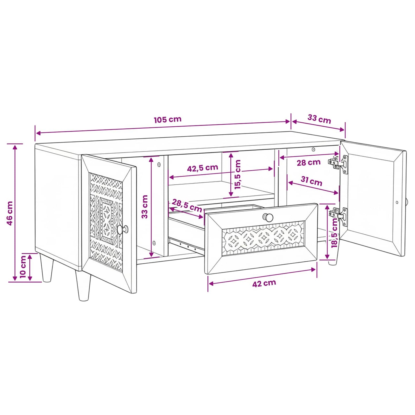 TV Enheder med skuffe Hvid 105 x 33 x 46 cm Konstrueret træ