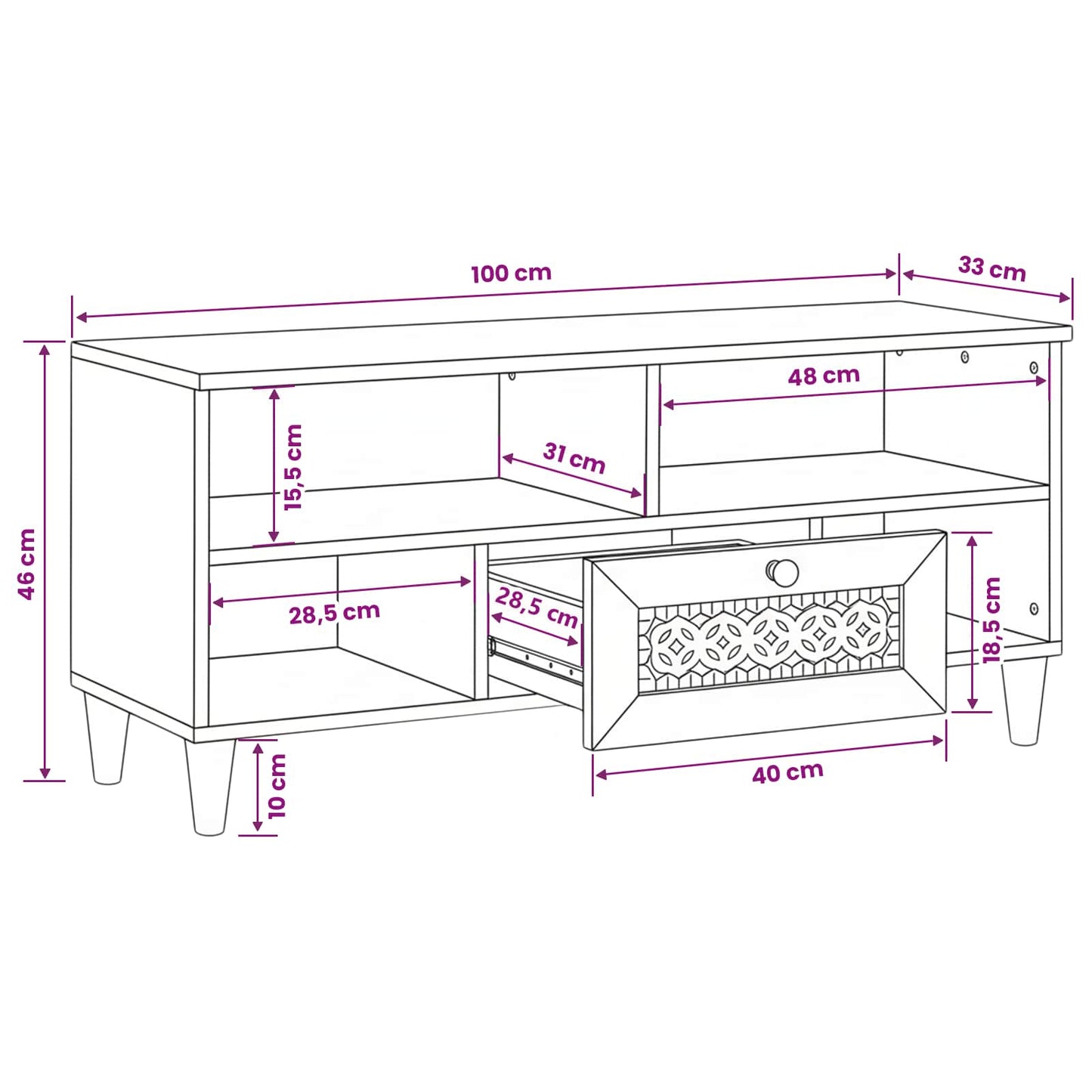 TV-skab med skuffe Bleg Hvid 100 x 33 x 46 cm Massivt mangotræ