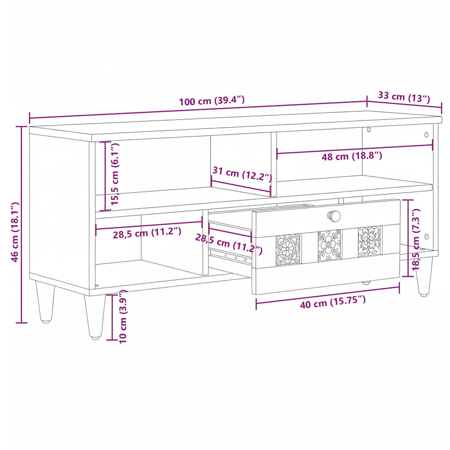 TV-skab med hylde Naturfarvet 100 x 33 x 46 cm Massivt mangotræ