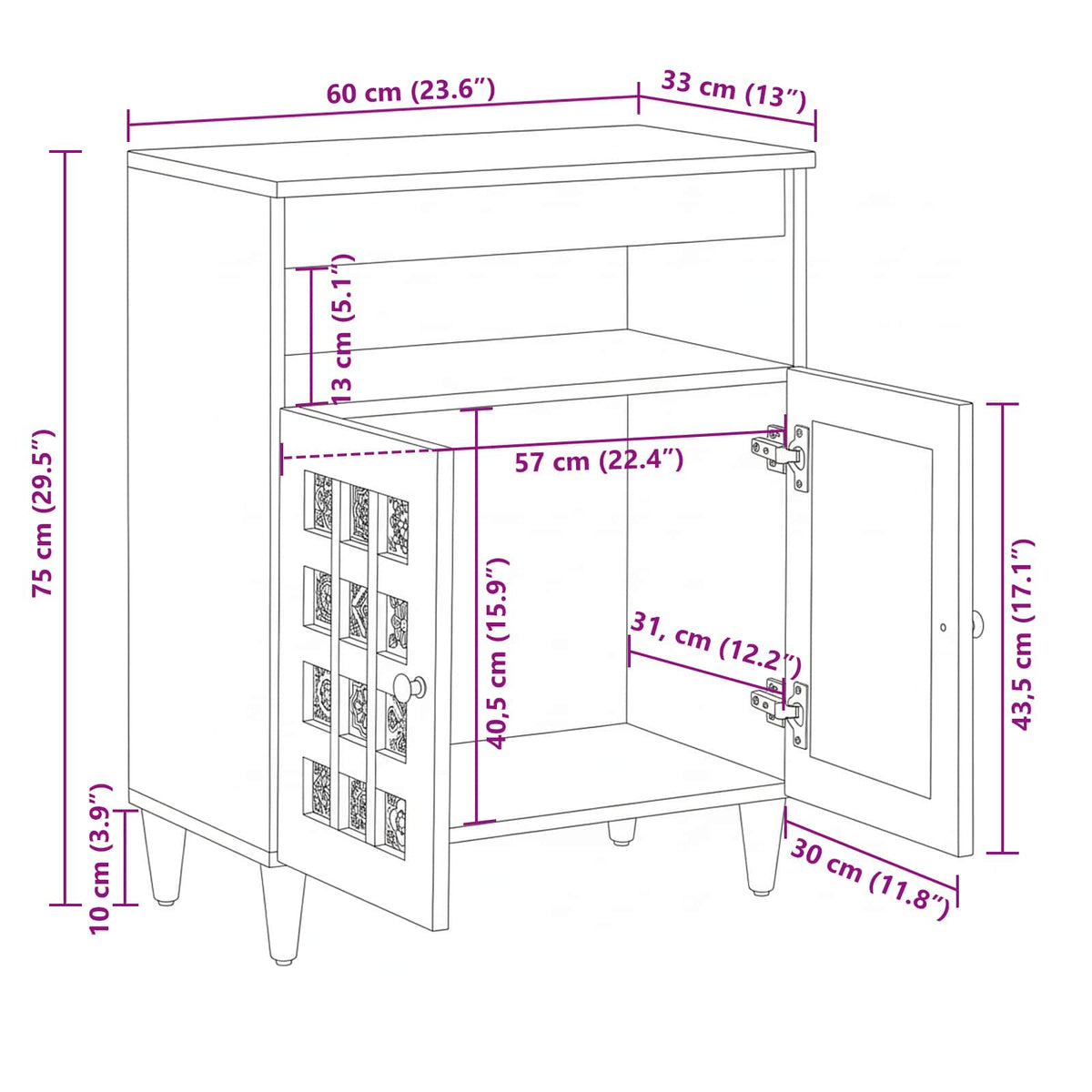 Sideboard Naturfarvet 60 x 33 x 75 cm Massivt mangotræ