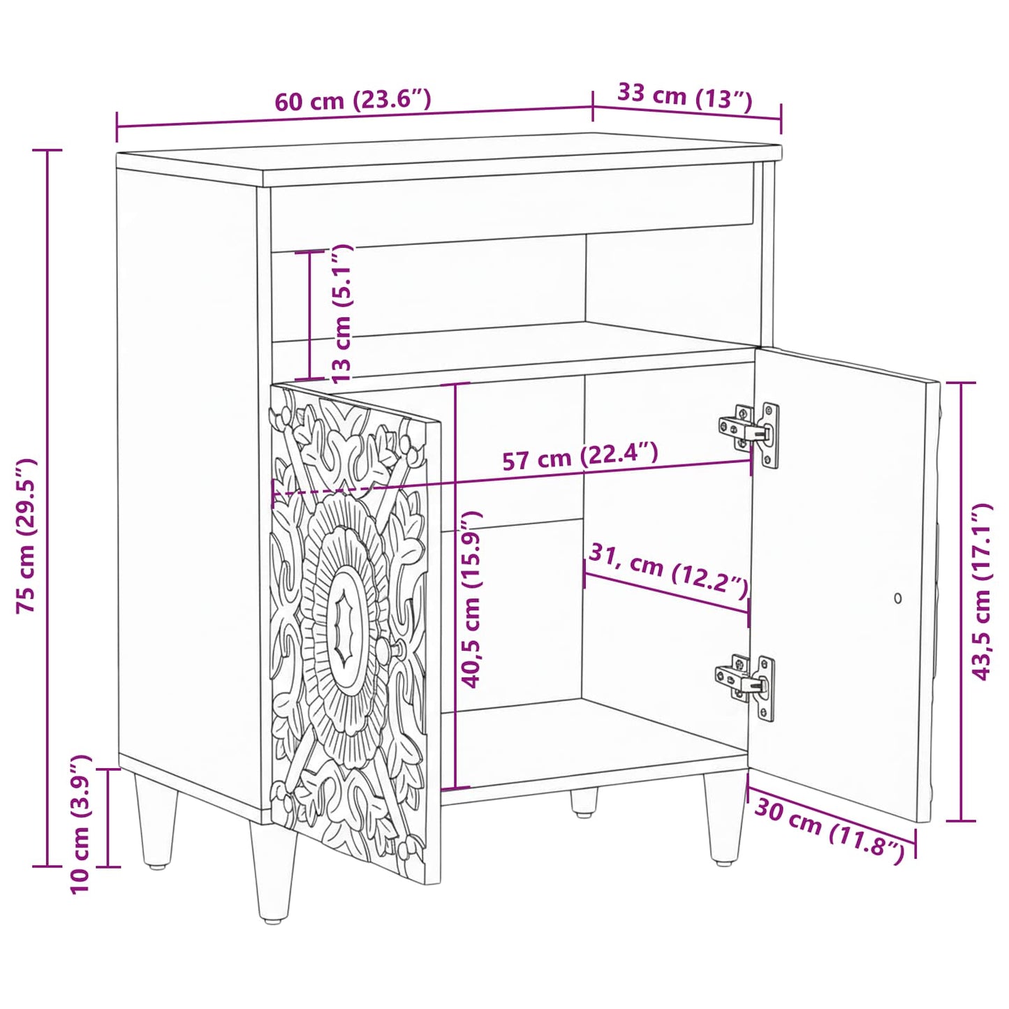 Sideboard med dør Brun 60 x 33,5 x 75 cm Massivt mangotræ