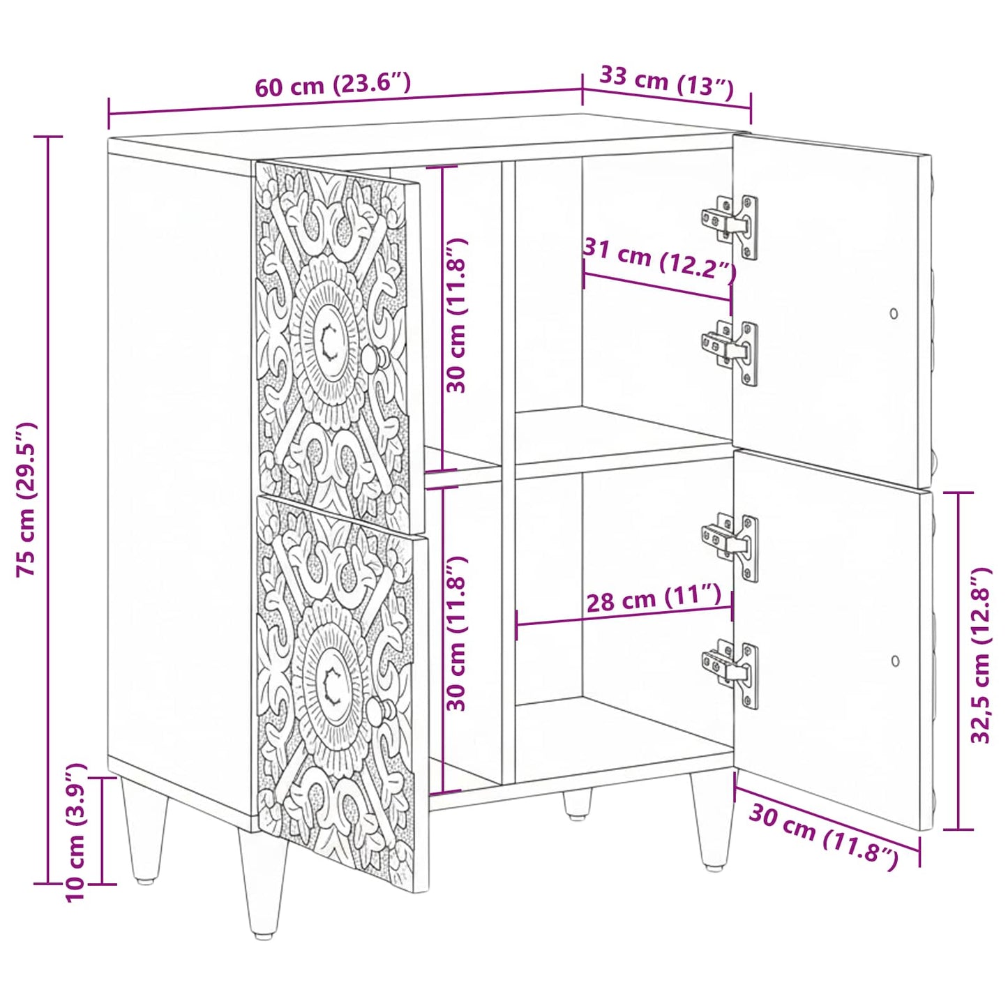 Sideboard med dør Brun 60 x 33,5 x 75 cm Massivt mangotræ