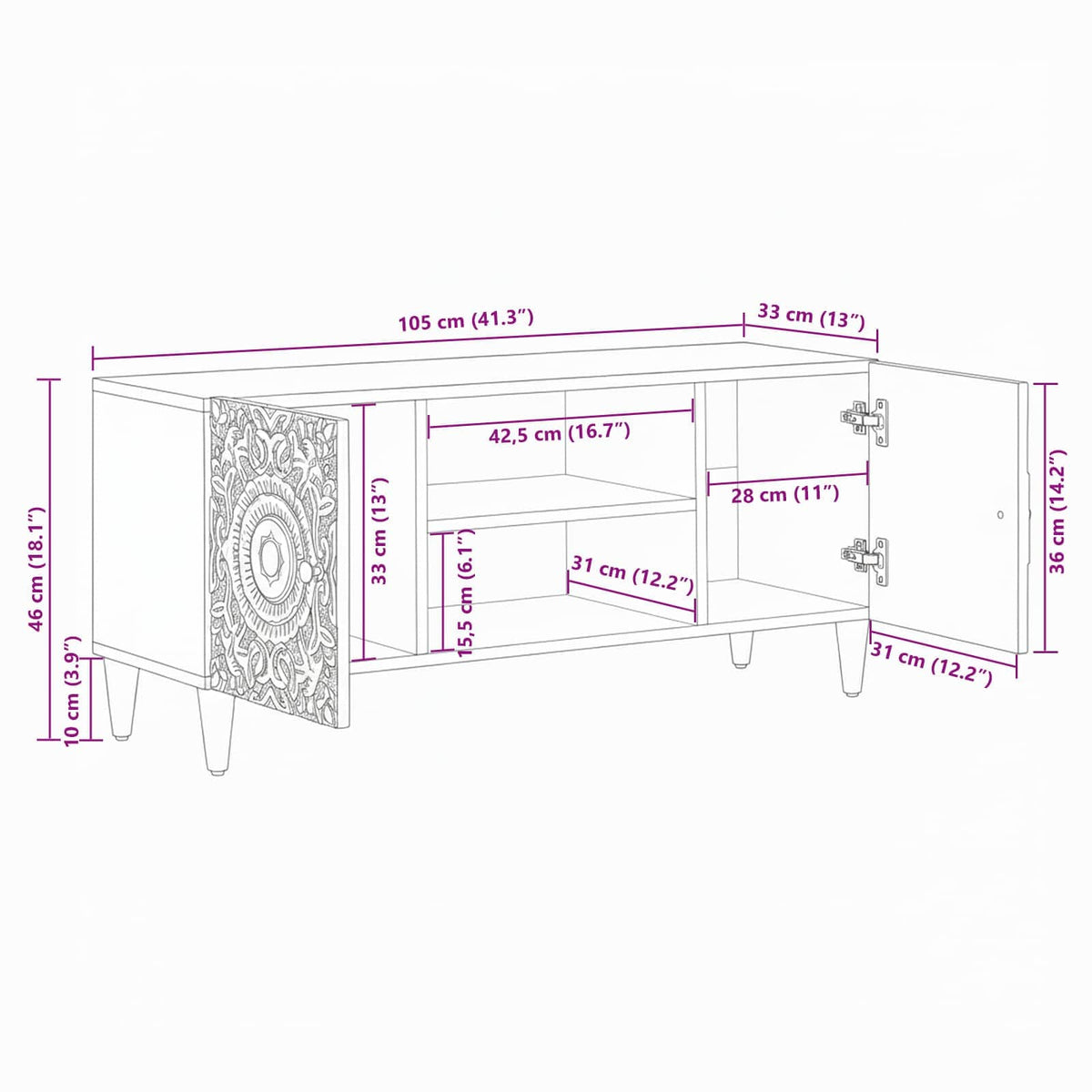TV-skab Hvid 105 x 33,5 x 46 cm Massivt mangotræ