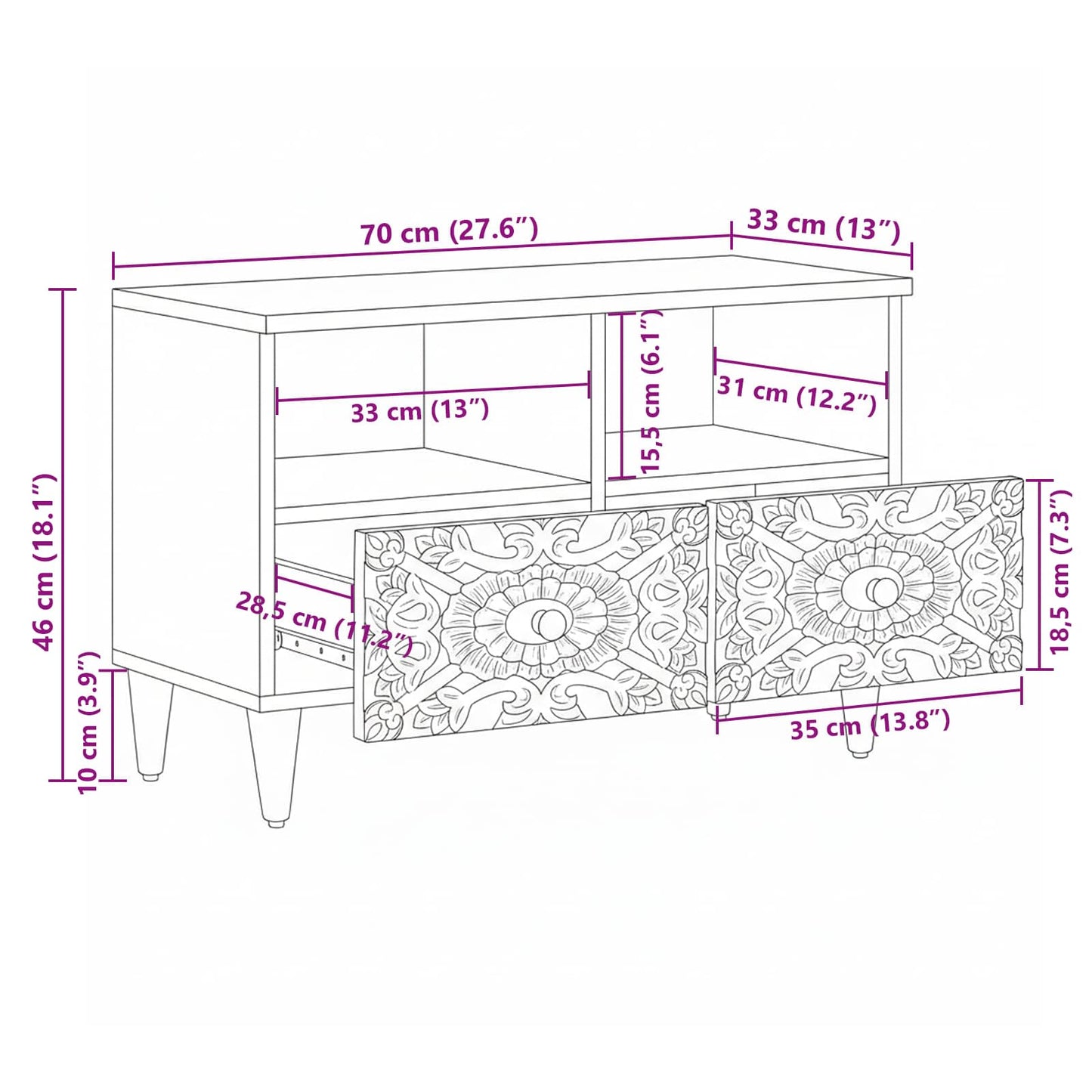 TV-skab Hvid 70 x 33,5 x 46 cm Massivt mangotræ