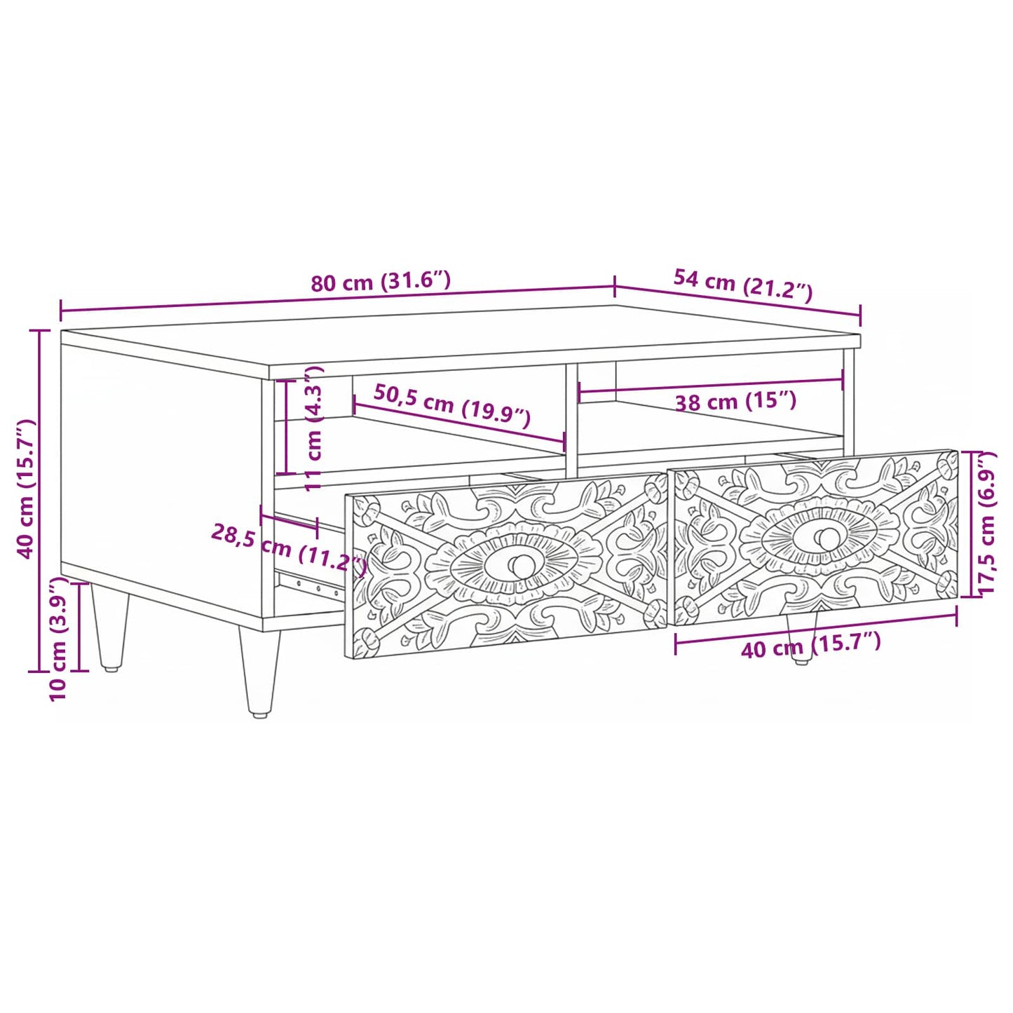 Sofabord Hvid 80 x 54 x 40 cm Massivt mangotræ