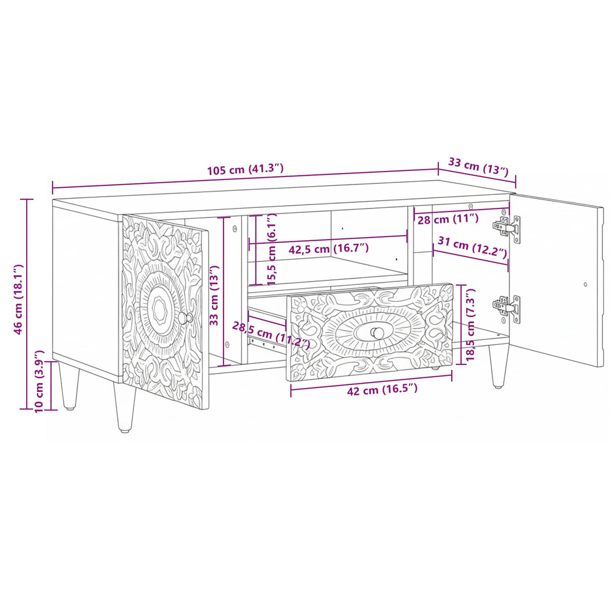 TV-skab Hvid 105 x 33,5 x 46 cm Massivt mangotræ
