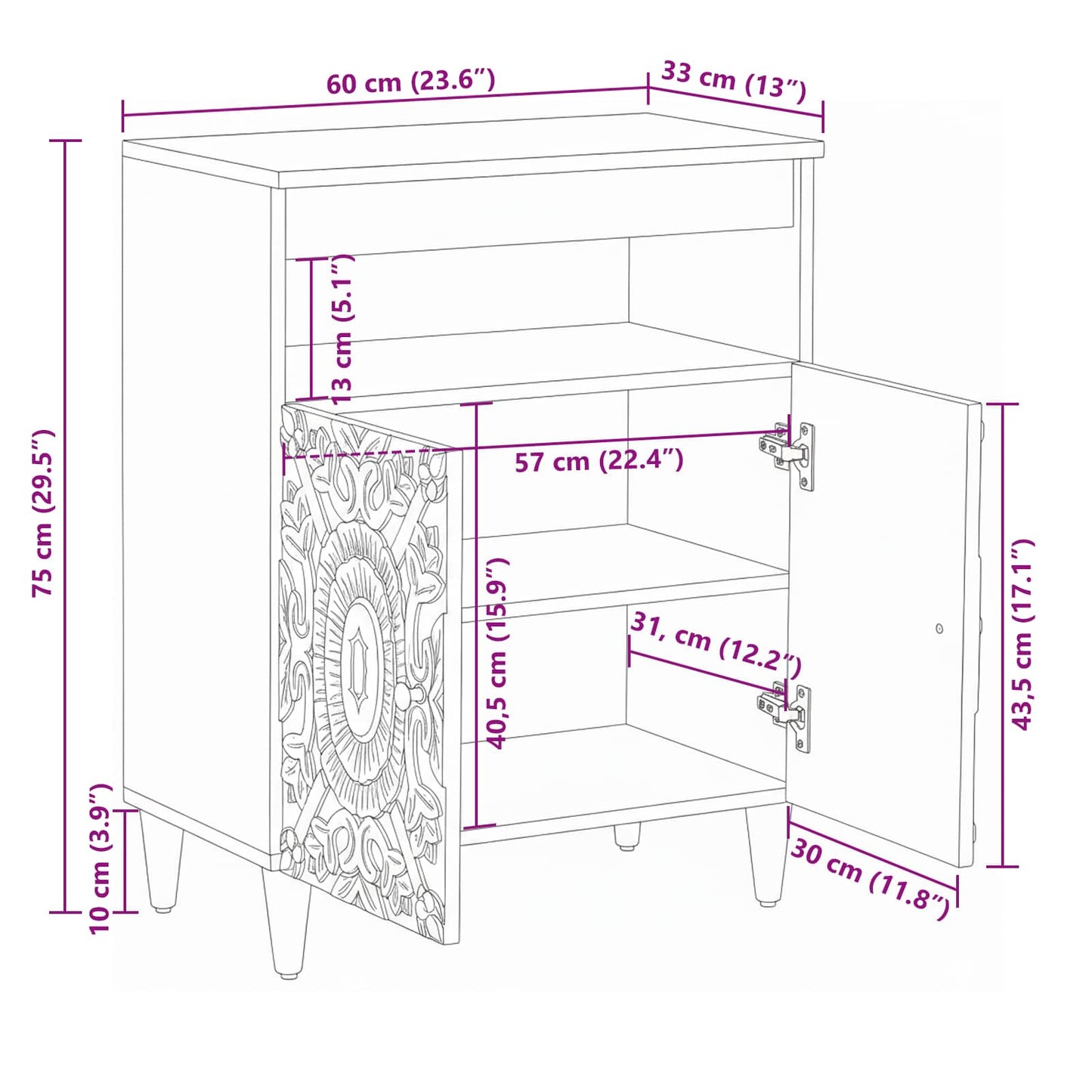 Sideboard med dør Hvid 60 x 33,5 x 75 cm Massivt mangotræ