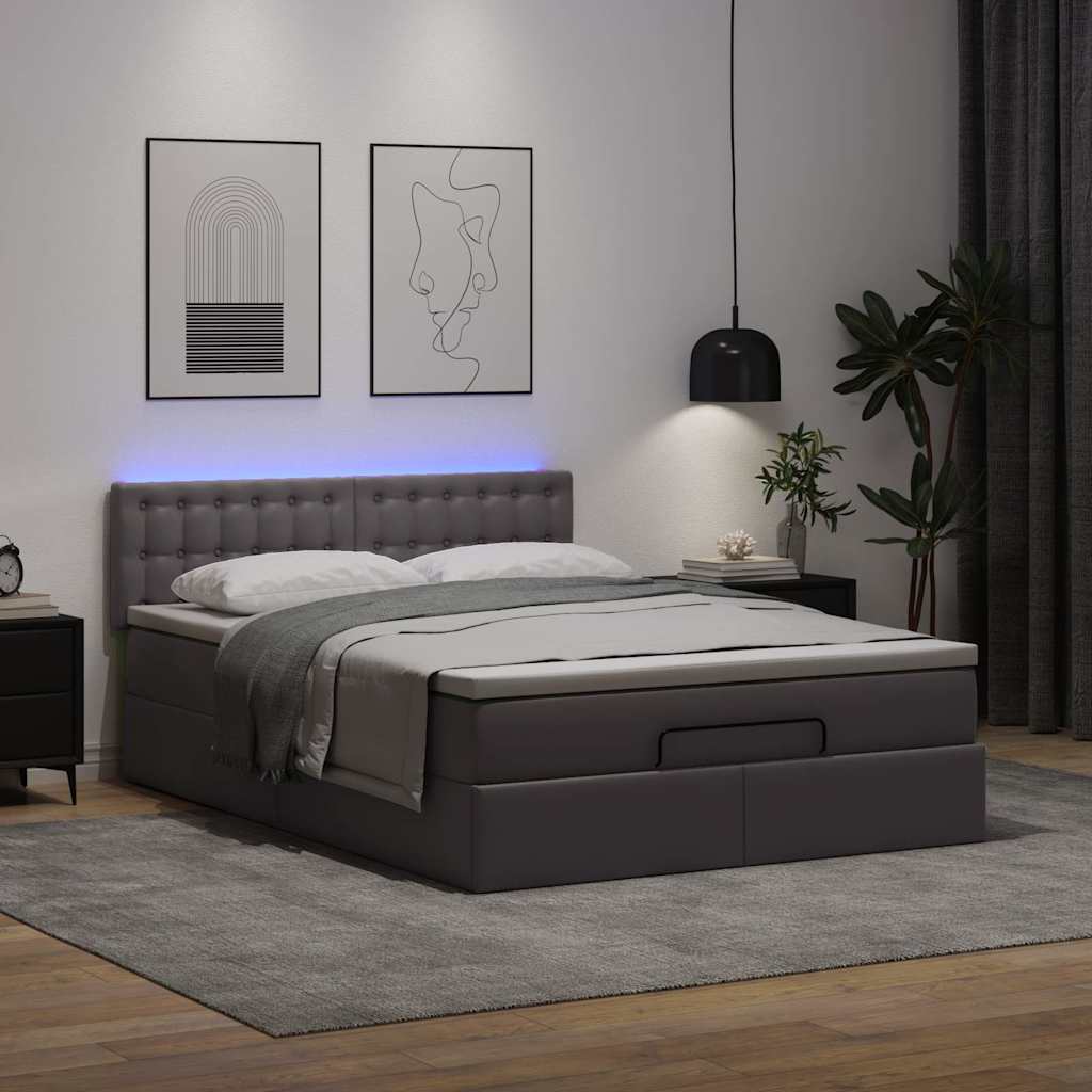 osmannisk seng med madrasser & LEDs 140x190 cm kunstlæder grå