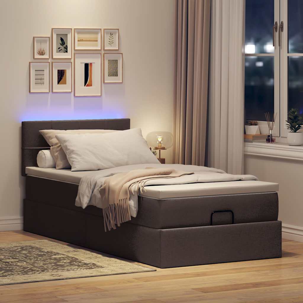 ottoman seng med madras & LEDs 90x200 cm stof mørkebrun
