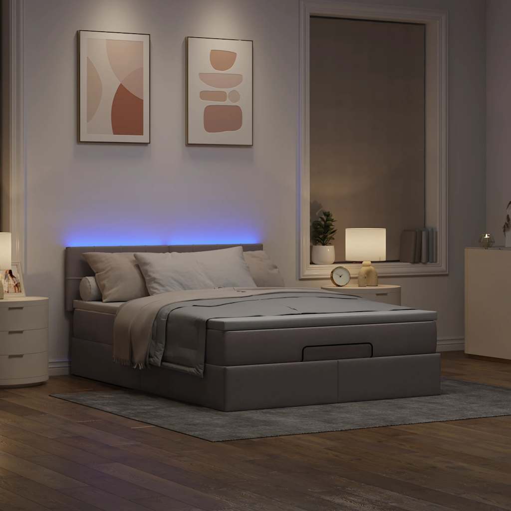 Ottoman seng med madras & LEDs Taupe 140x200 cm Stof