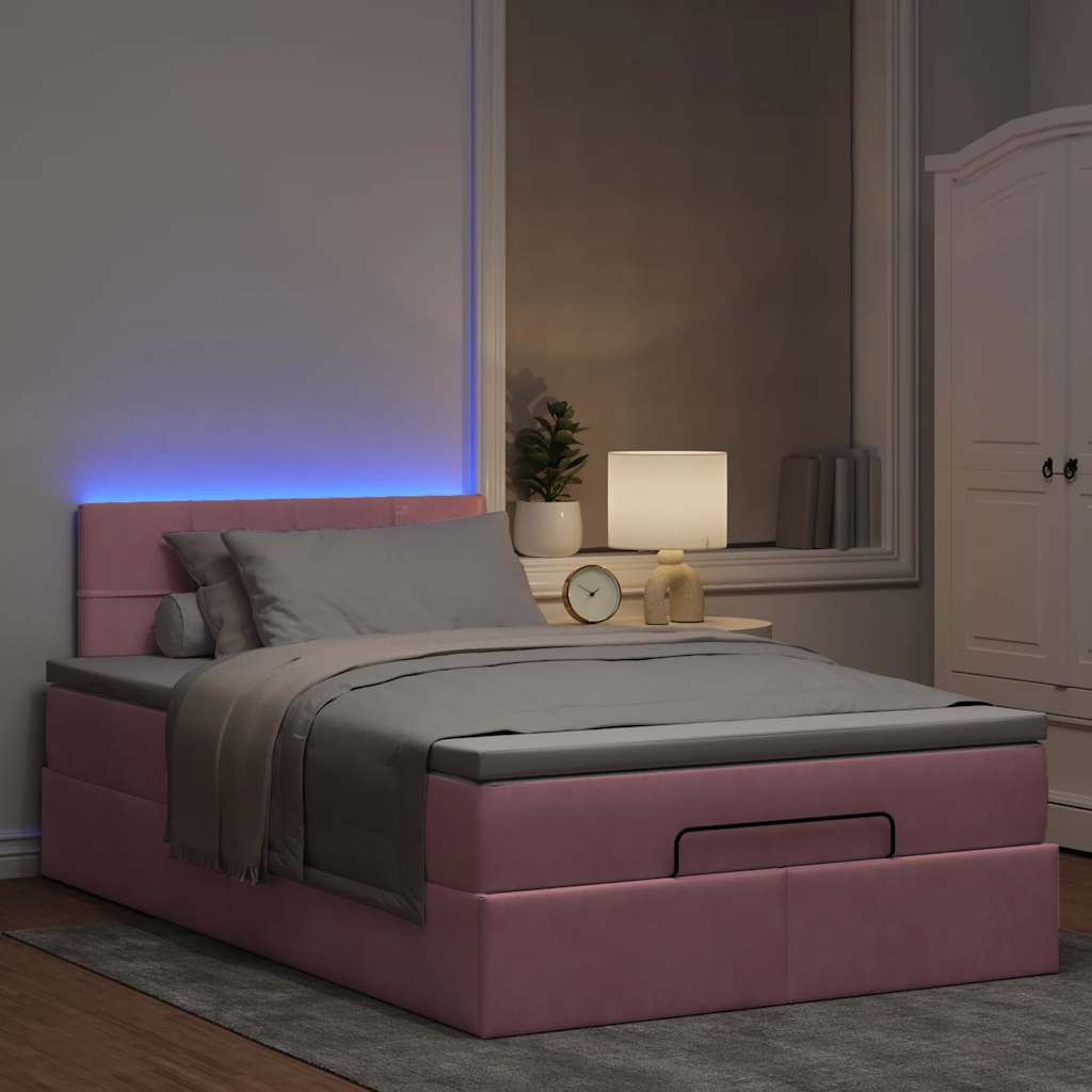ottoman seng med madras & LEDs 120x190cm fløjl lyserød