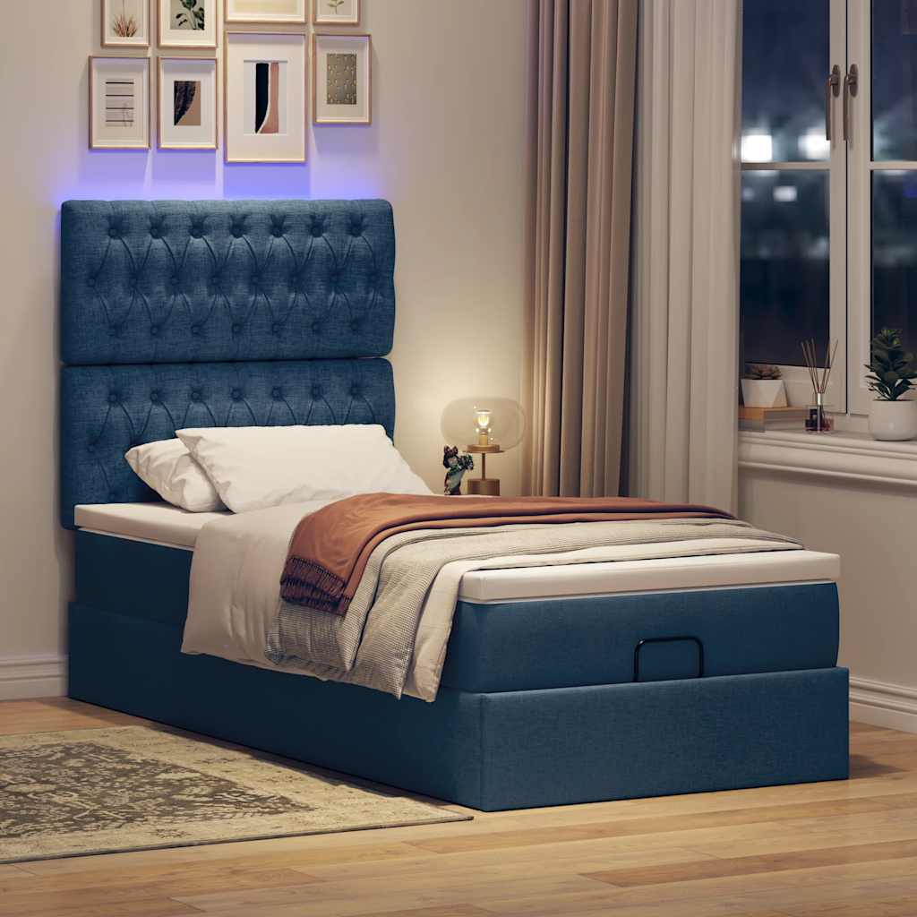 Ottoman seng med madras & LEDs Blå 90x200 cm Stof