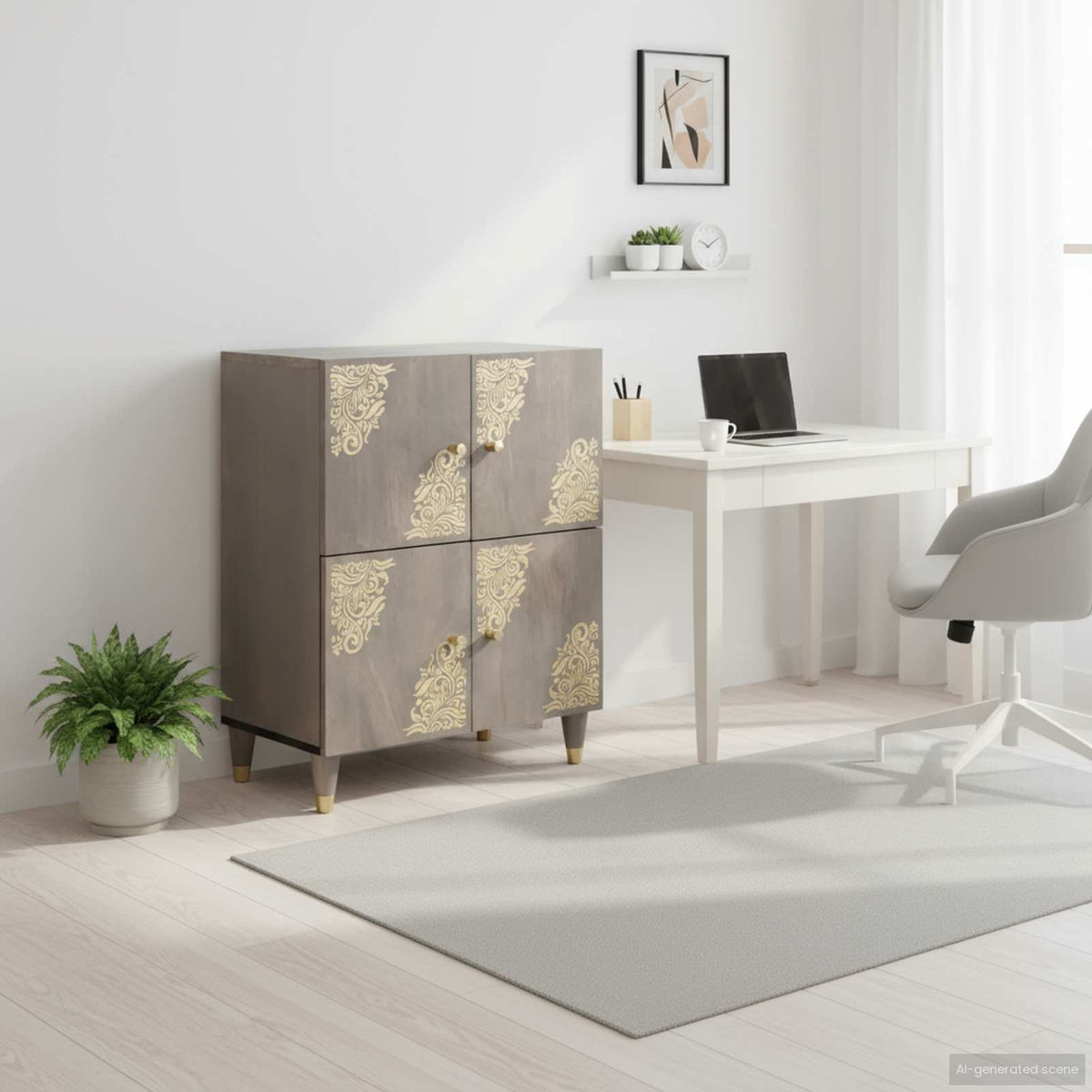 Sideboard med dør Grå og Guld 60 x 33 x 75 cm Massivt mangotræ