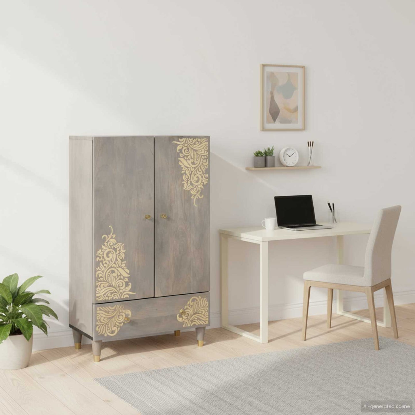 Highboard Grå og Guld 60 x 33 x 100 cm Massivt mangotræ