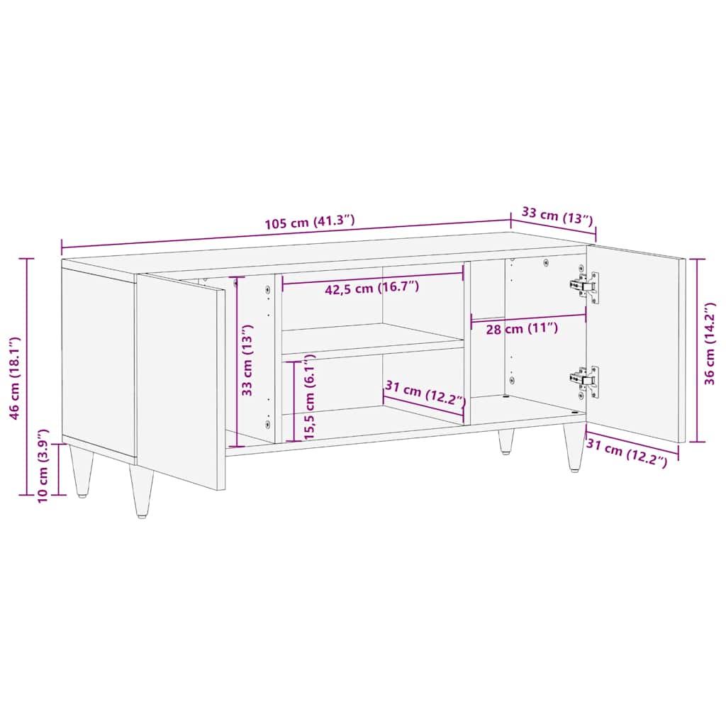 TV-skab Sort 105 x 33 x 46 cm Massivt mangotræ