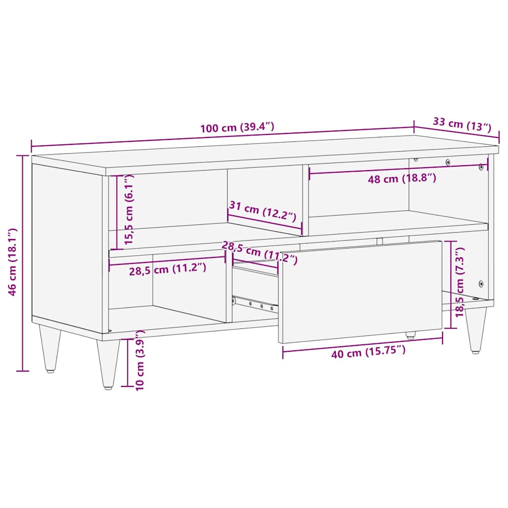 TV-skab med skuffe Sort 100 x 33 x 46 cm Massivt mangotræ
