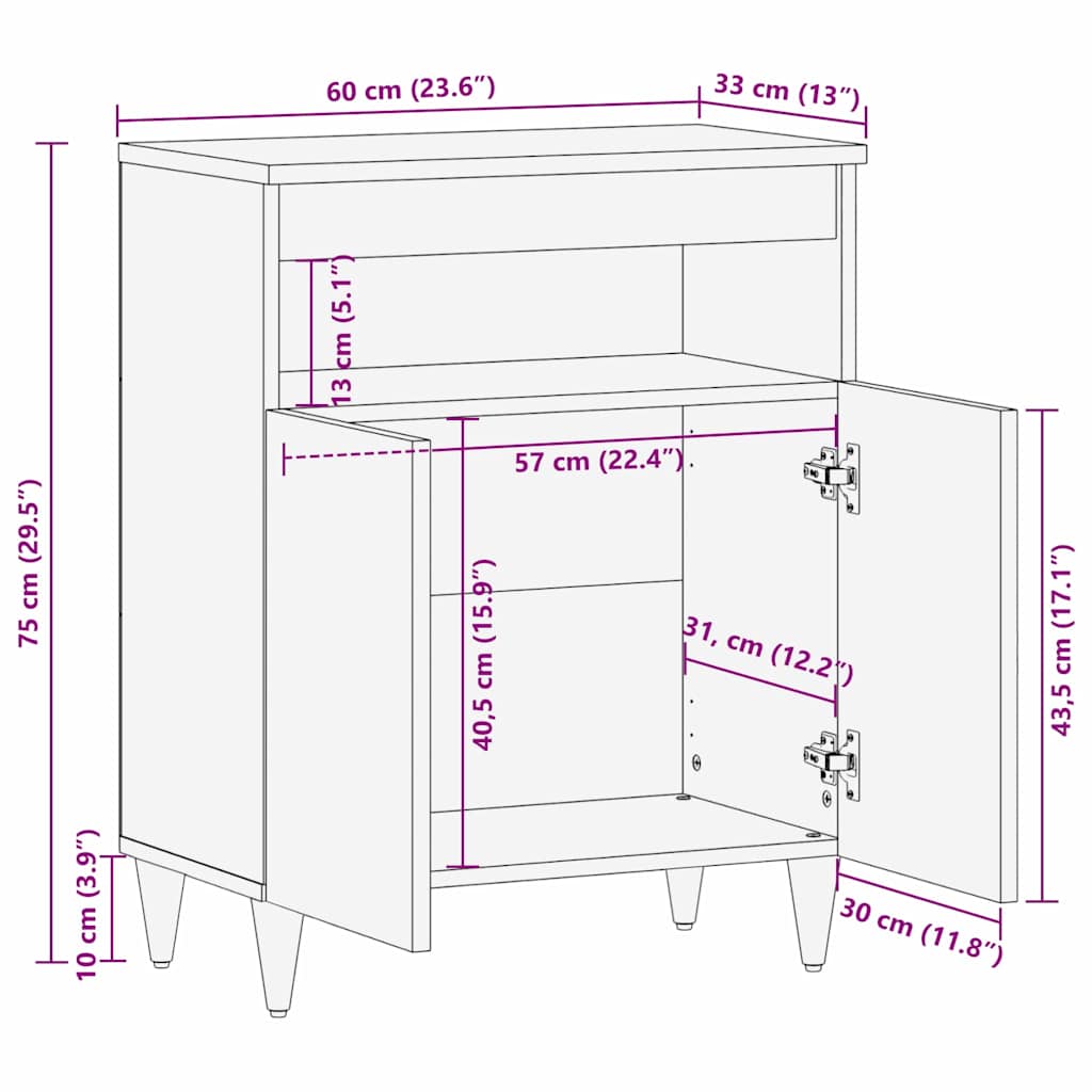 Sideboard Sort 60 x 33 x 75 cm Massivt mangotræ