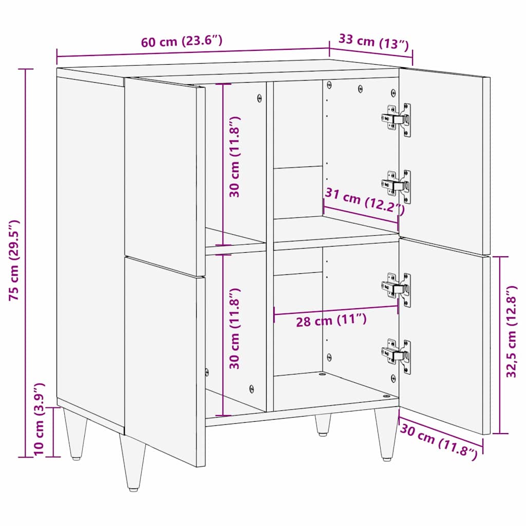 Sideboard med hylde Sort 60 x 33 x 75 cm Massivt mangotræ
