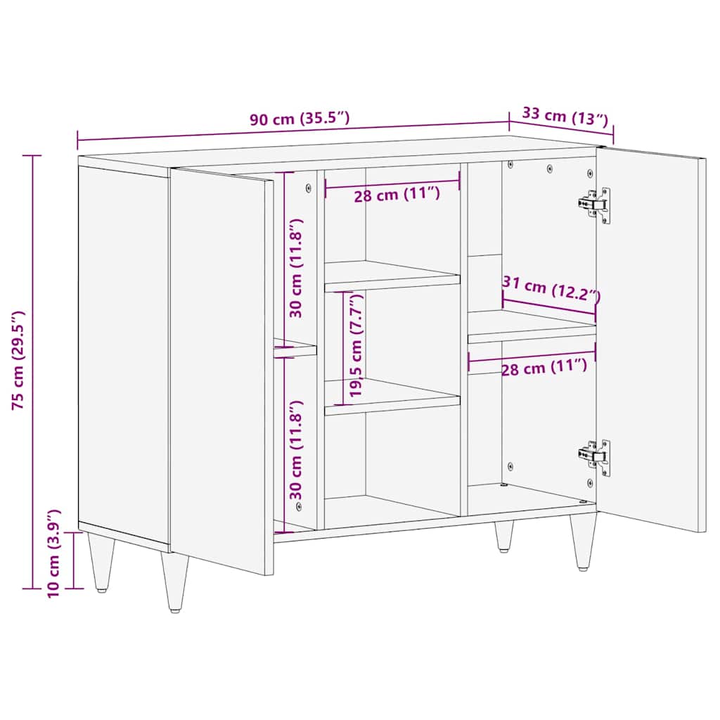 Sideboard Sort 90 x 33 x 75 cm Massivt mangotræ