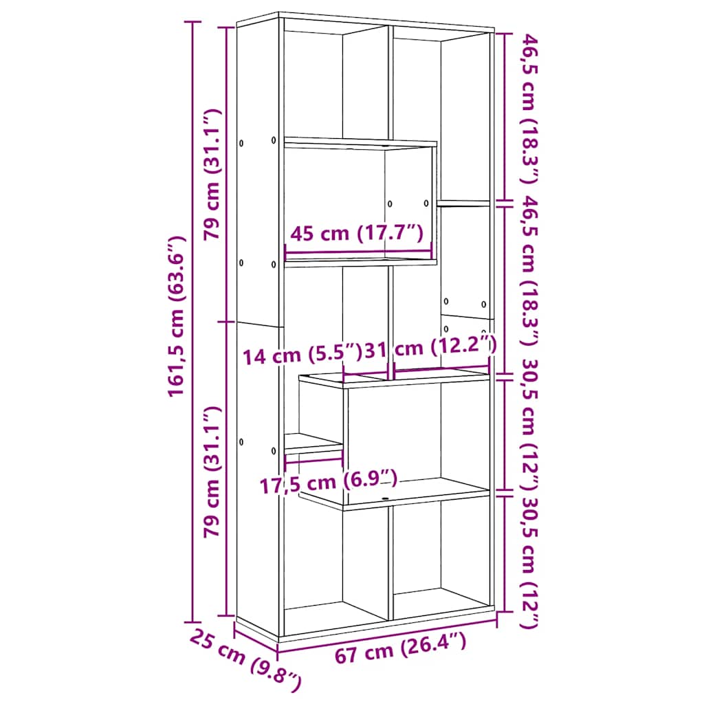 bogreol/rumdeler 67x25x161,5 cm konstrueret træ hvid