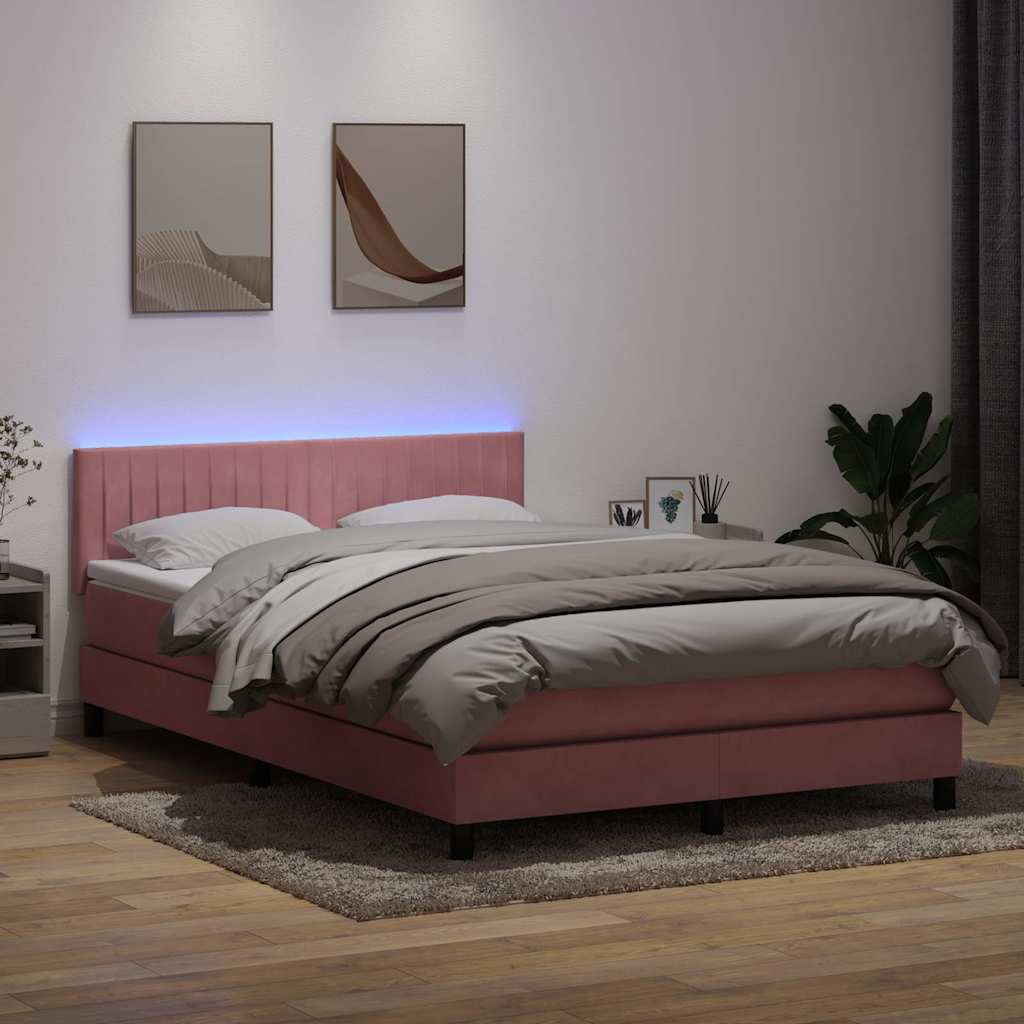 kontinentalseng med madras og LED-lys 140x210 cm fløjl lyserød