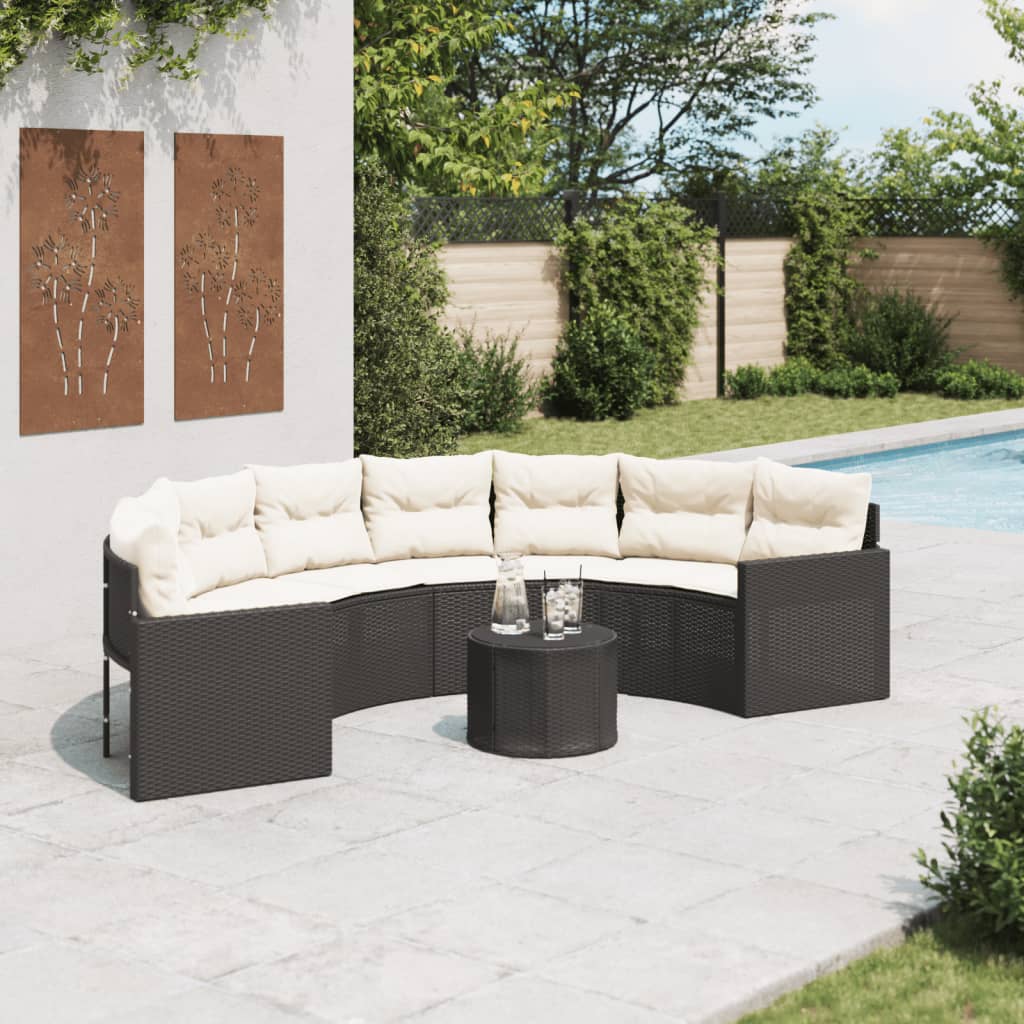 havesofa med bord og hynder halvrund polyrattan sort