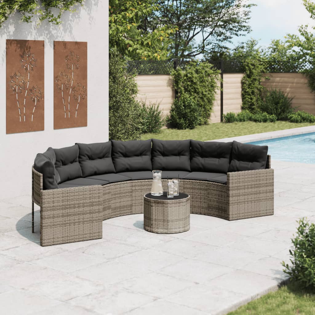 havesofa med bord og hynder halvrund polyrattan grå