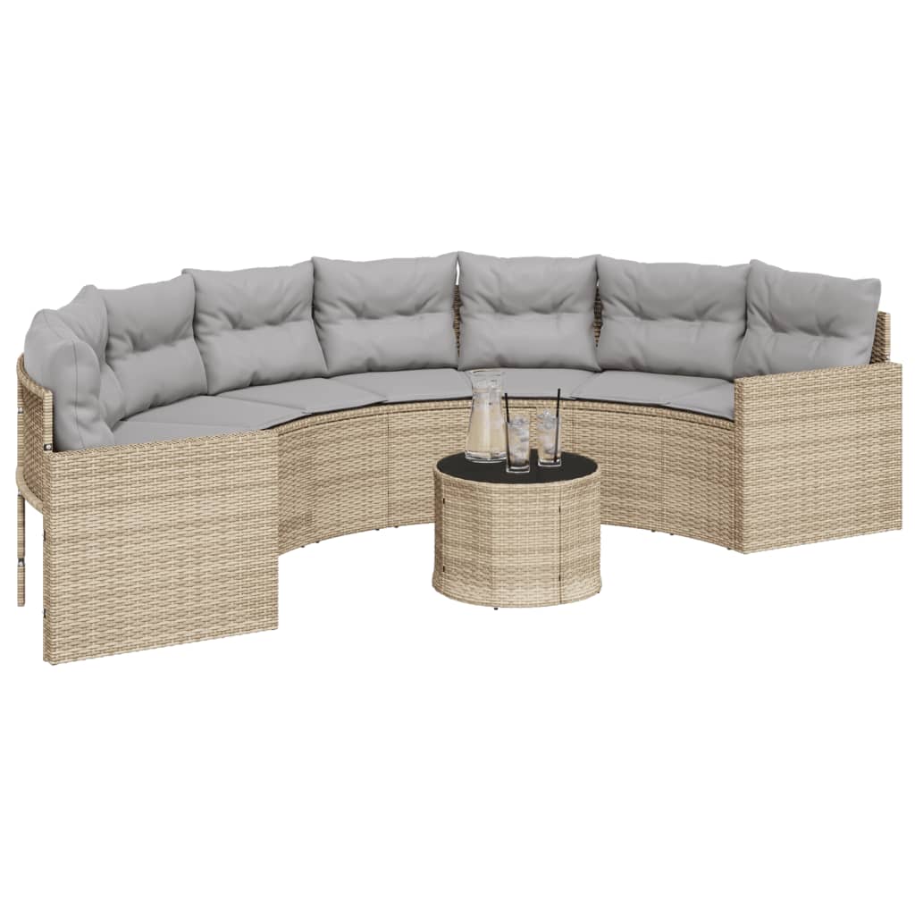 havesofa med bord og hynder halvrund polyrattan beige