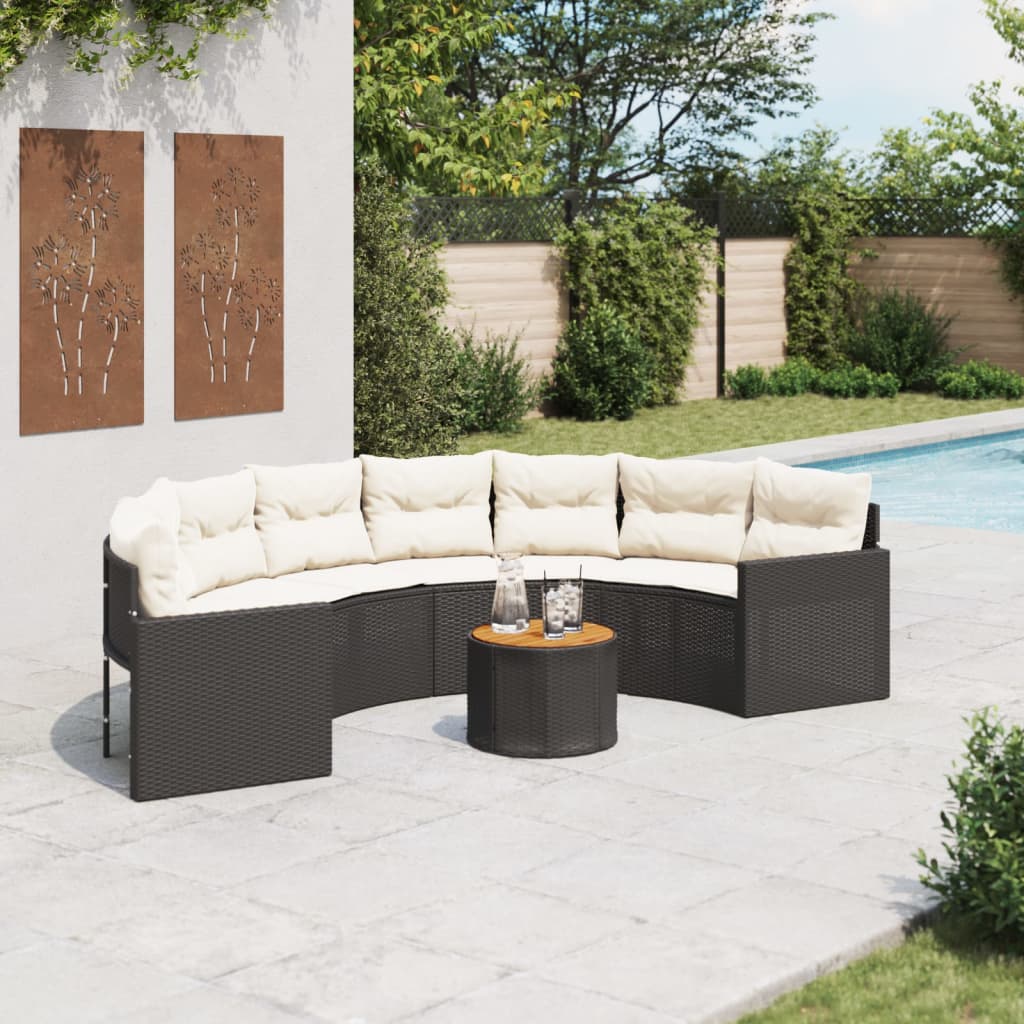 havesofa med bord og hynder halvrund polyrattan sort