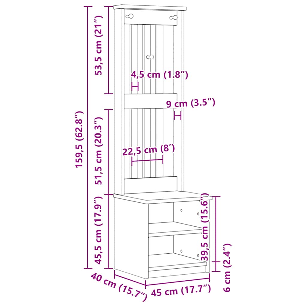 Hall træ SANDNES 45x40x159,5 cm massivt fyrretræ hvid