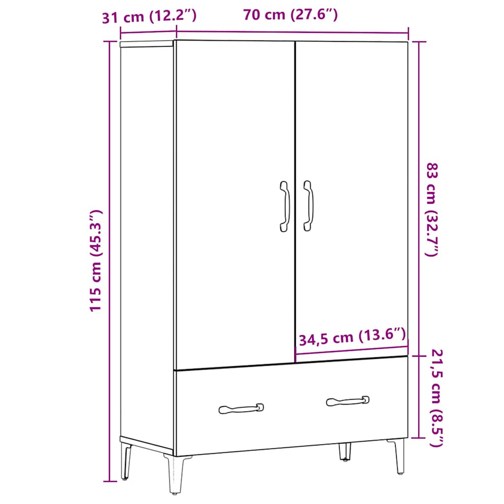 skab 70x31x115 cm konstrueret træ artisan egetræsfarve
