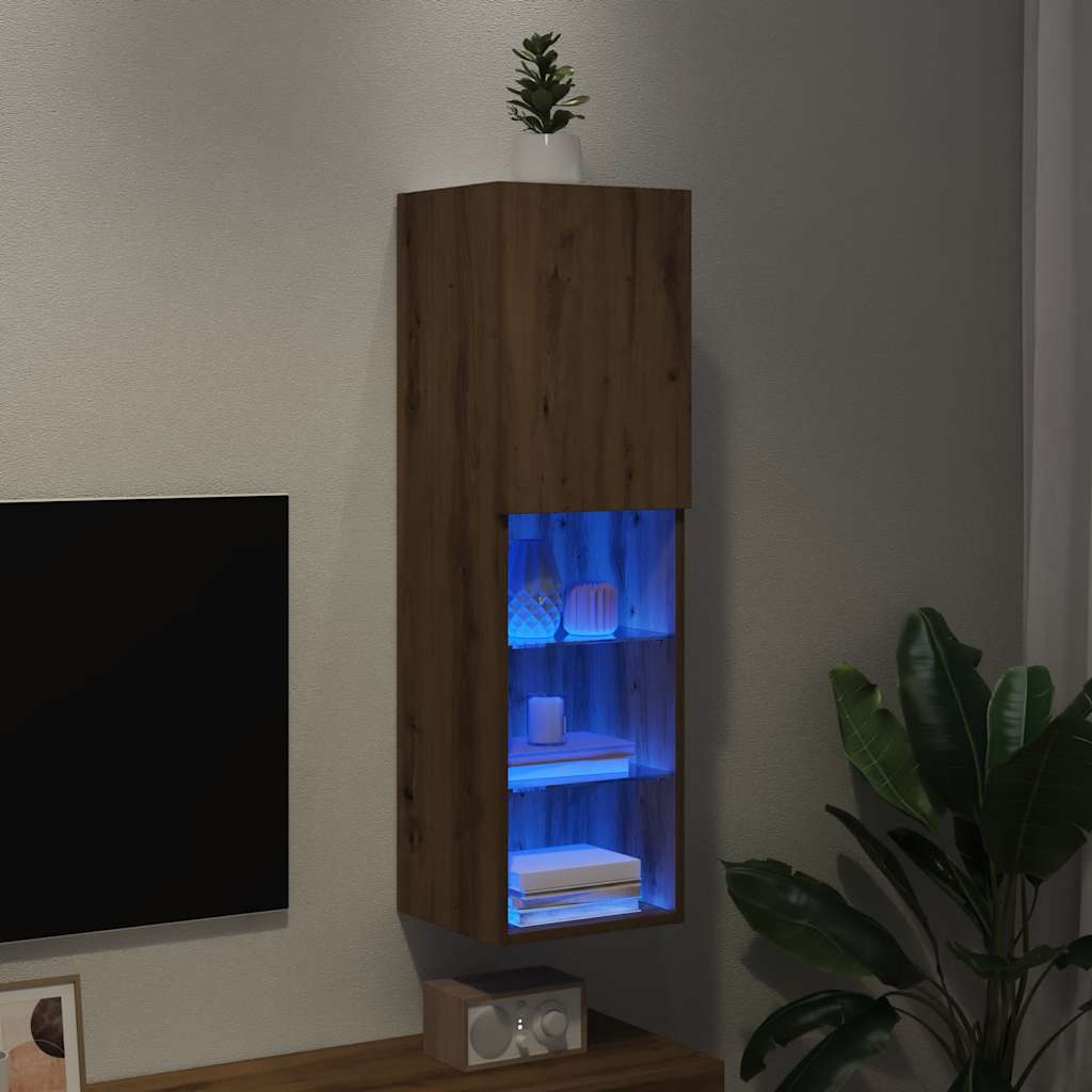 tv-bord med LED-lys 30,5x30x102 cm egetræsfarve