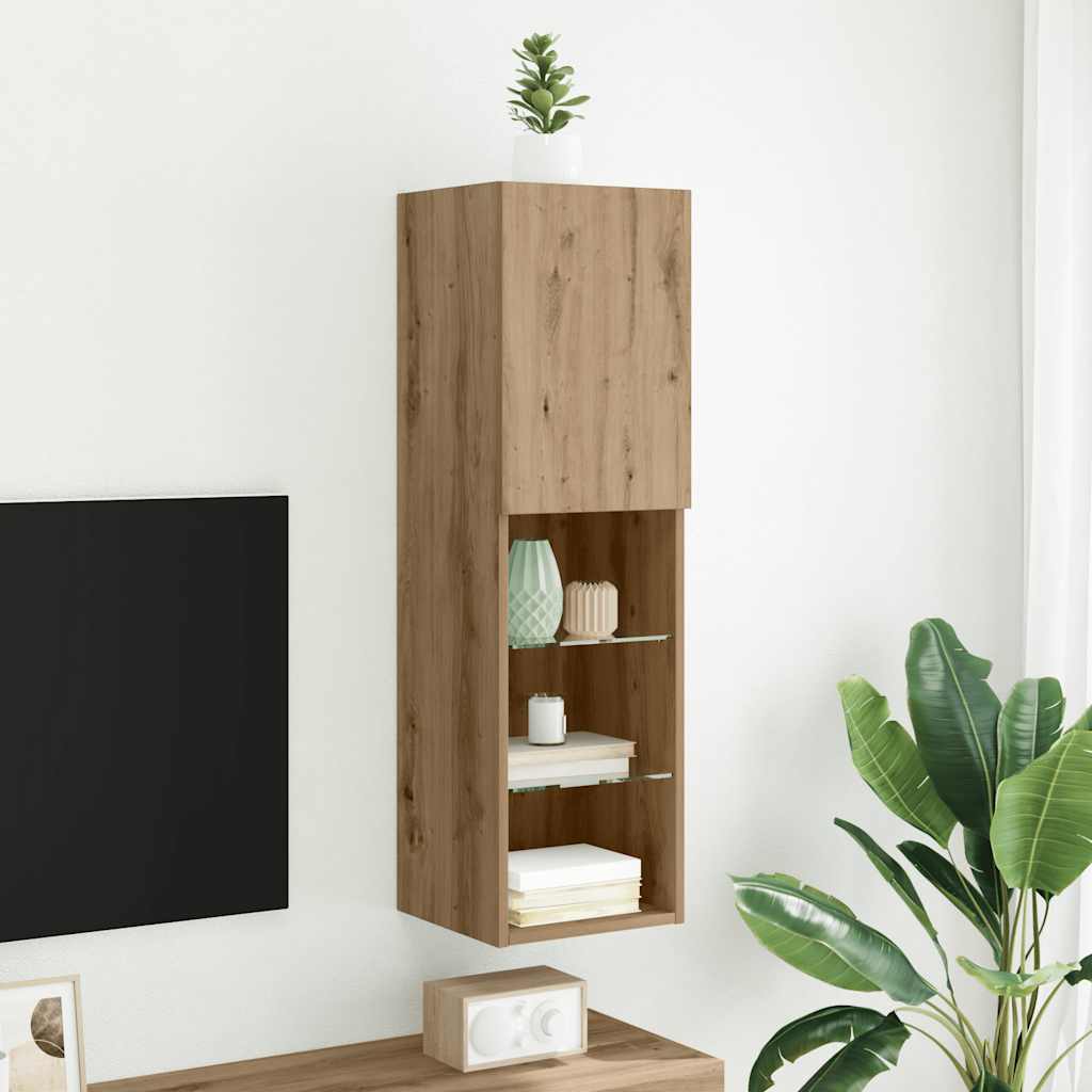tv-bord med LED-lys 30,5x30x102 cm egetræsfarve