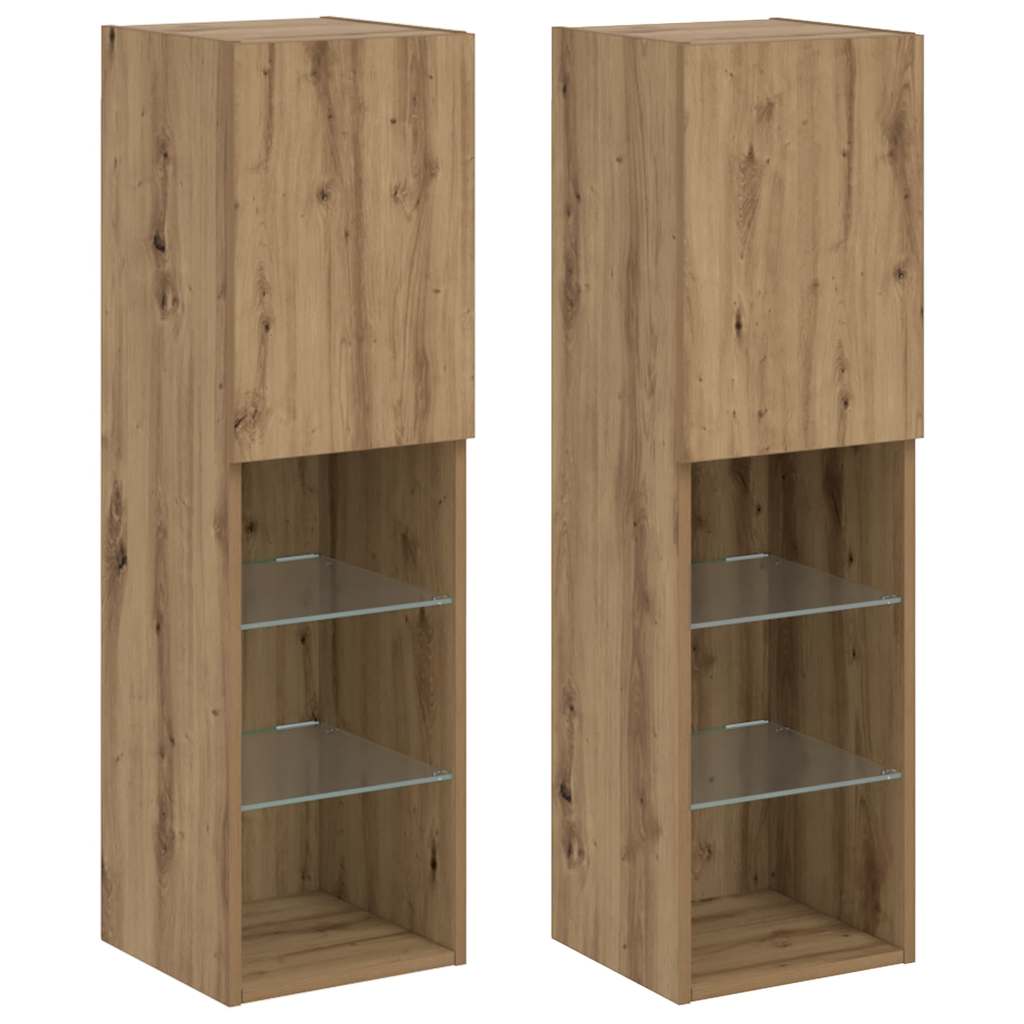 tv-borde med LED-lys 2 stk. 30,5x30x102 cm egetræsfarve