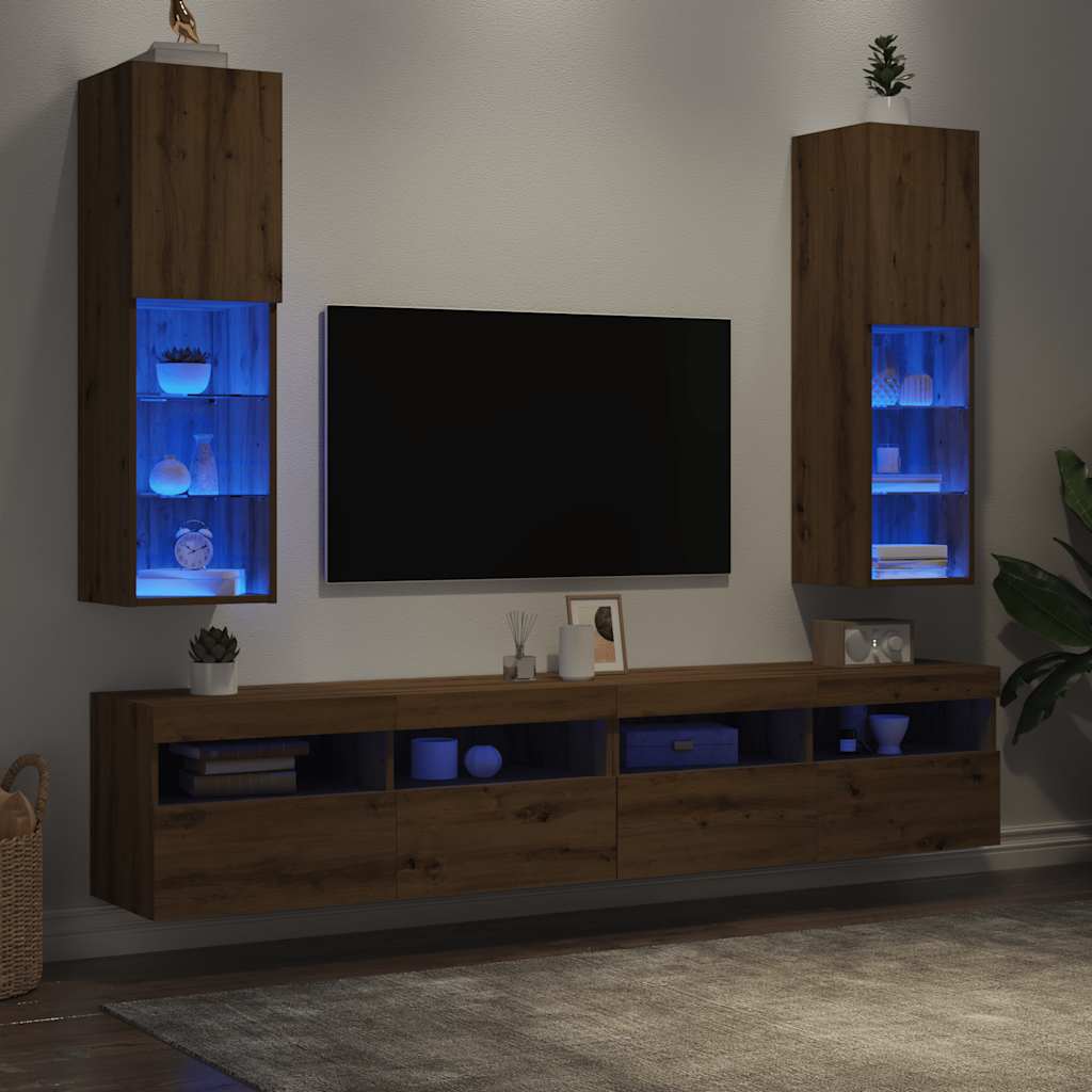 tv-borde med LED-lys 2 stk. 30,5x30x102 cm egetræsfarve